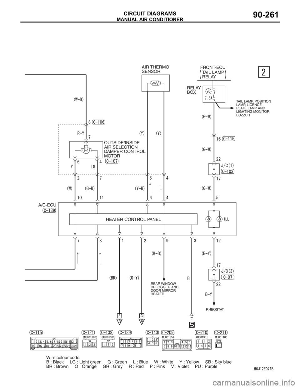 MITSUBISHI LANCER 2006  Workshop Manual MANUAL AIR CONDITIONER
CIRCUIT DIAGRAMS90-261
REAR WINDOW 
DEFOGGER AND 
DOOR MIRROR 
HEATER
HEATER CONTROL PANEL OUTSIDE/INSIDE 
AIR SELECTION 
DAMPER CONTROL 
MOTORTAIL LAMP 
RELAY FRONT-ECU
A/C-ECU