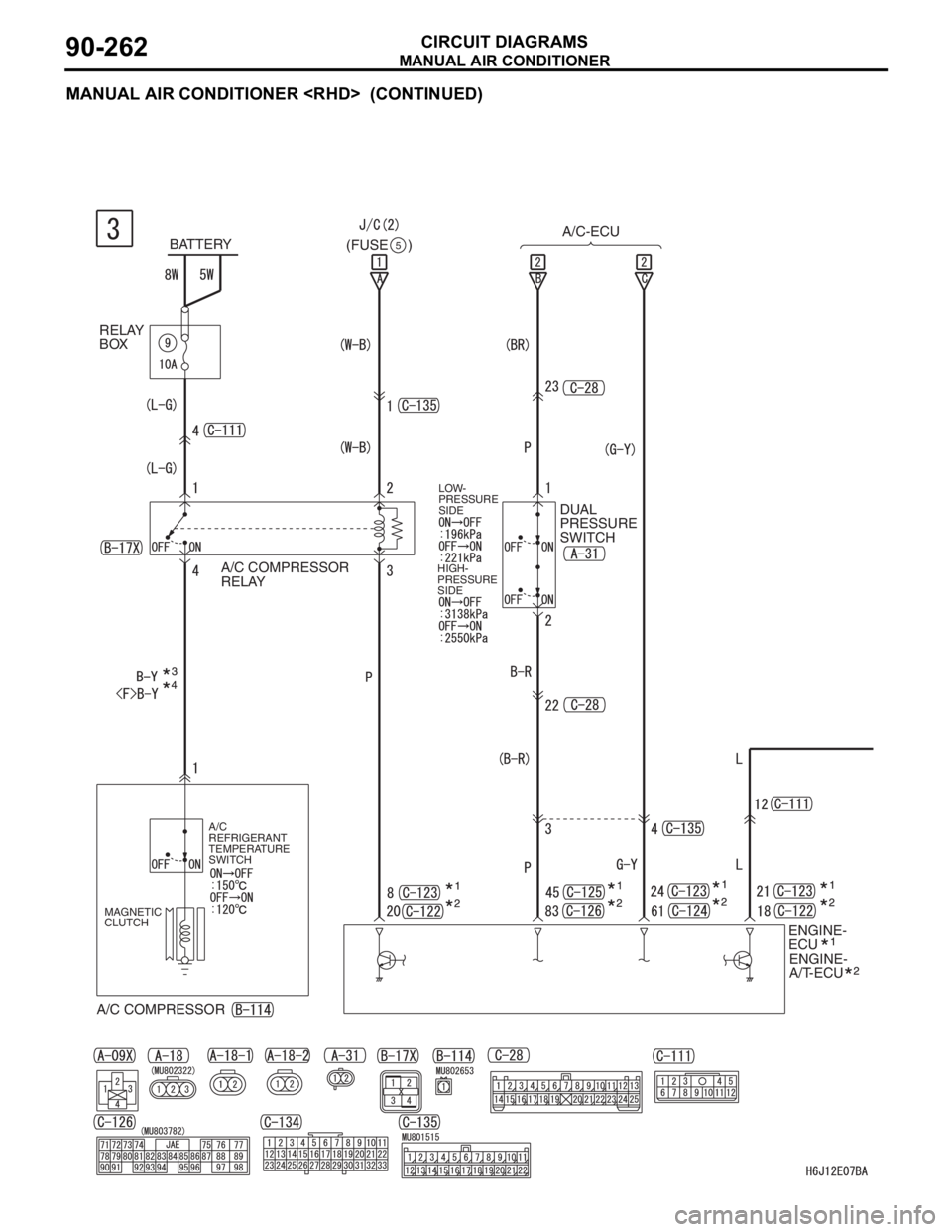 MITSUBISHI LANCER 2006  Workshop Manual MANUAL AIR CONDITIONER
CIRCUIT DIAGRAMS90-262
MANUAL AIR CONDITIONER <RHD>  (CONTINUED)
BATTERYA/C-ECU
RELAY
BOX
A/C COMPRESSOR
RELAY
A/C COMPRESSOR
A/C
REFRIGERANT
TEMPERATURE
SWITCH
MAGNETIC
CLUTCHL