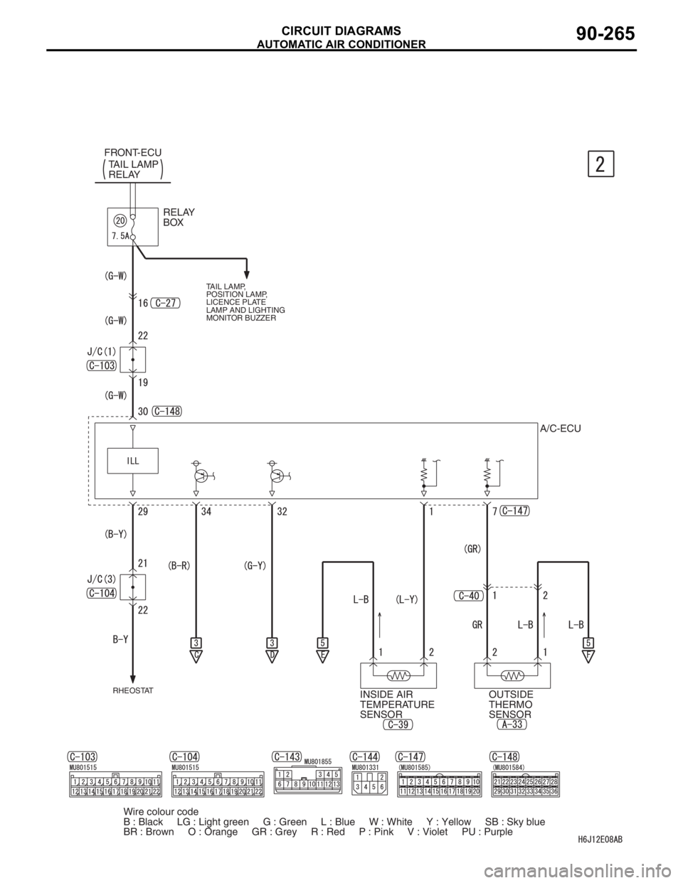 MITSUBISHI LANCER 2006  Workshop Manual AUTOMATIC AIR CONDITIONER
CIRCUIT DIAGRAMS90-265
Wire colour code
B : Black     LG : Light green     G : Green     L : Blue     W : White     Y : Yellow     SB : Sky blue
BR : Brown     O : Orange    