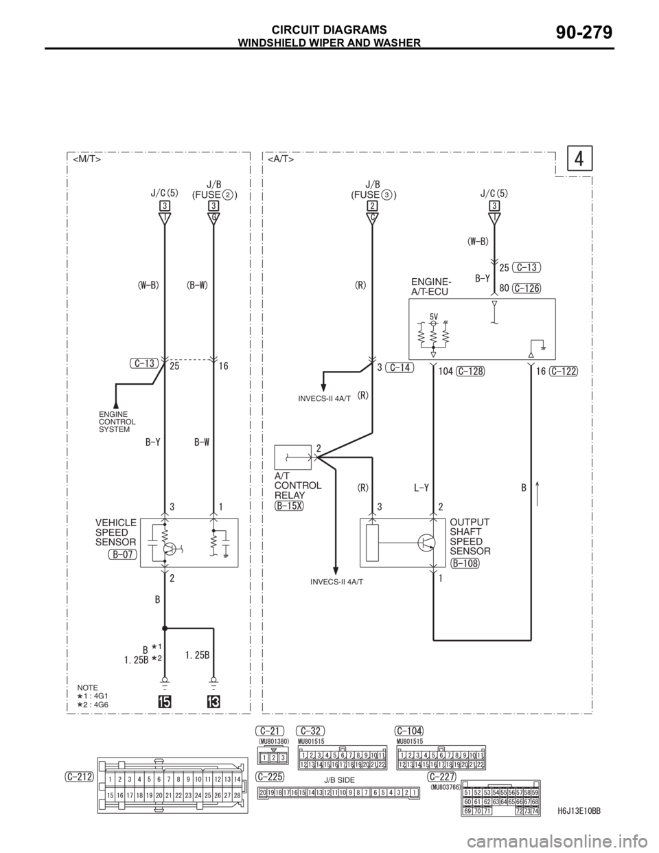MITSUBISHI LANCER 2006  Workshop Manual WINDSHIELD WIPER AND WASHER
CIRCUIT DIAGRAMS90-279
(FUSE     )2(FUSE     )3
<M/T> <A/T>
ENGINE-
A/T-ECU
A/T 
CONTROL 
RELAY
OUTPUT 
SHAFT 
SPEED 
SENSOR VEHICLE 
SPEED 
SENSOR
ENGINE 
CONTROL 
SYSTEMI