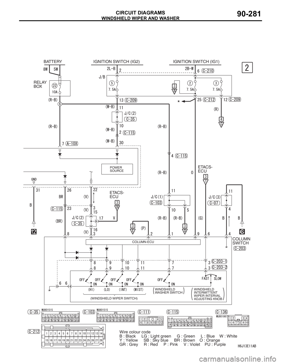 MITSUBISHI LANCER 2006  Workshop Manual WINDSHIELD WIPER AND WASHER
CIRCUIT DIAGRAMS90-281
ETACS-
ECU
ETACS-
ECU IGNITION SWITCH (IG2)IGNITION SWITCH (IG1)
BATTERYPOWER 
SOURCE
RELAY 
BOX
COLUMN 
SWITCH
COLUMN-ECU
WINDSHIELD 
INTERMITTENT 
