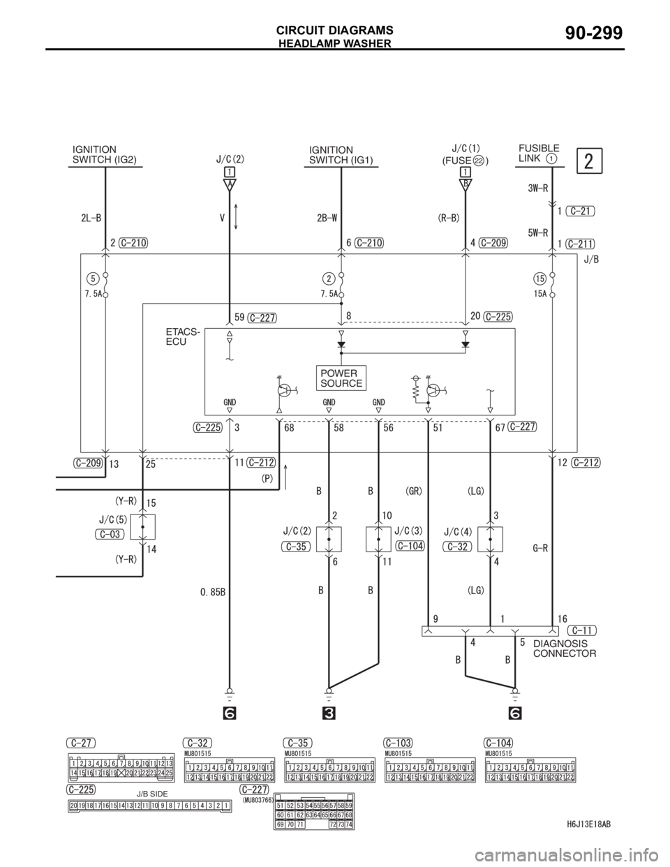MITSUBISHI LANCER 2006 Manual PDF HEADLAMP WASHER
CIRCUIT DIAGRAMS90-299
IGNITION
SWITCH (IG2)IGNITION
SWITCH (IG1)FUSIBLE
LINK1
DIAGNOSIS
CONNECTOR POWER
SOURCE ETACS-
ECU
J/B SIDE
(FUSE )22 MITSUBISHI LANCER 2006 Manual PDF HEADLAMP WASHER
CIRCUIT DIAGRAMS90-299
IGNITION
SWITCH (IG2)IGNITION
SWITCH (IG1)FUSIBLE
LINK1
DIAGNOSIS
CONNECTOR POWER
SOURCE ETACS-
ECU
J/B SIDE
(FUSE )22