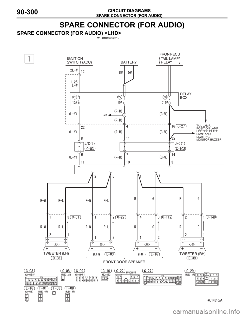 MITSUBISHI LANCER 2006  Workshop Manual SPARE CONNECTOR (FOR AUDIO)
CIRCUIT DIAGRAMS90-300
SPARE CONNECTOR (FOR AUDIO)
SPARE CONNECTOR (FOR AUDIO) <LHD>M1901019000512
IGNITION 
SWITCH (ACC) BATTERYFRONT-ECUTAIL LAMP 
RELAY
RELAY 
BOX
TAIL L