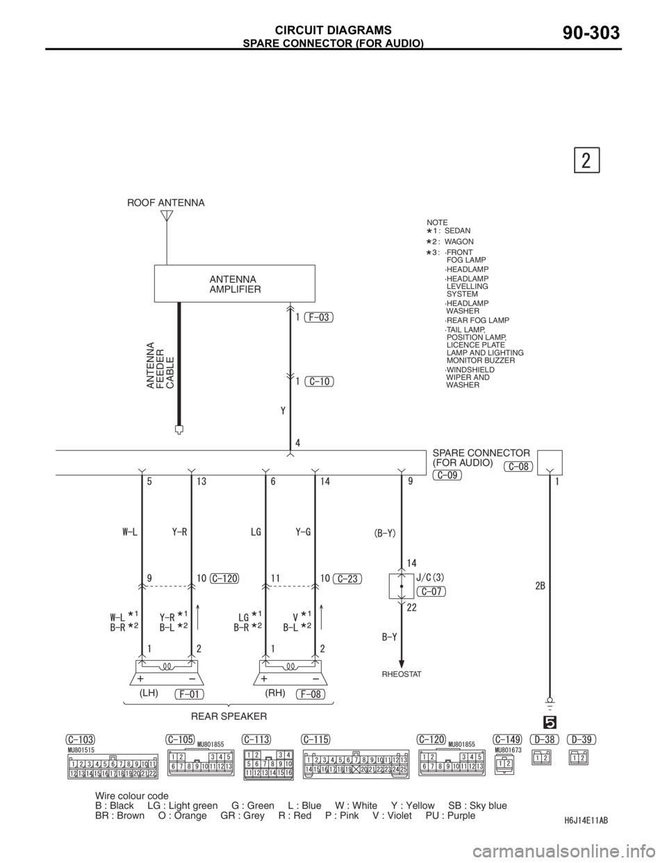 MITSUBISHI LANCER 2006 User Guide SPARE CONNECTOR (FOR AUDIO)
CIRCUIT DIAGRAMS90-303
·FRONT
FOG LAMP
·TAIL LAMP,
POSITION LAMP,
LICENCE PLATE
LAMP AND LIGHTING
MONITOR BUZZER ·HEADLAMP
·WINDSHIELD
WIPER AND
WASHER ·REAR FO MITSUBISHI LANCER 2006 User Guide SPARE CONNECTOR (FOR AUDIO)
CIRCUIT DIAGRAMS90-303
·FRONT
FOG LAMP
·TAIL LAMP,
POSITION LAMP,
LICENCE PLATE
LAMP AND LIGHTING
MONITOR BUZZER ·HEADLAMP
·WINDSHIELD
WIPER AND
WASHER ·REAR FO