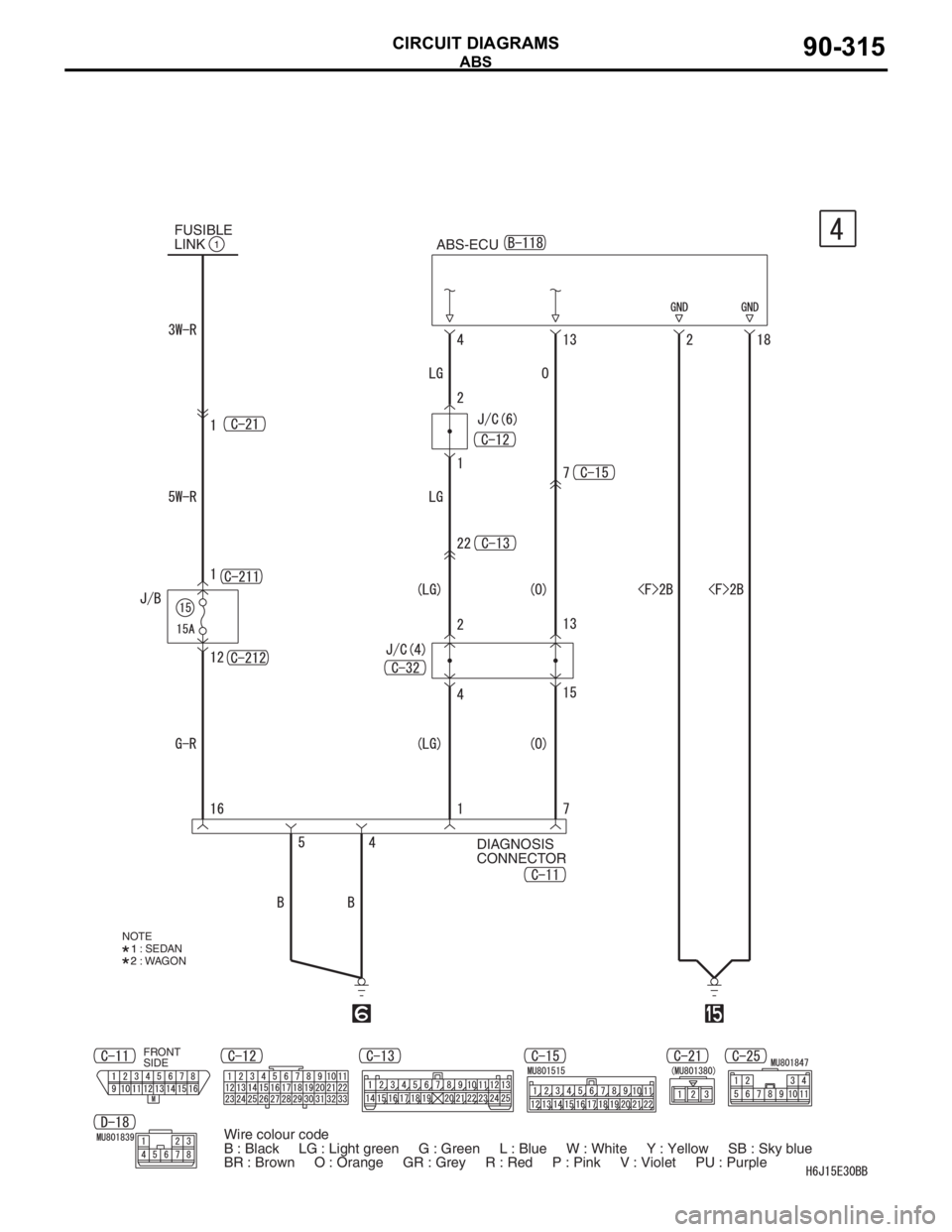 MITSUBISHI LANCER 2006  Workshop Manual ABS
CIRCUIT DIAGRAMS90-315
1FUSIBLE 
LINK
ABS-ECU
DIAGNOSIS 
CONNECTOR
NOTE: SEDAN
: WAGON
FRONT 
SIDE
Wire colour code
B : Black     LG : Light green     G : Green     L : Blue     W : White     Y : 