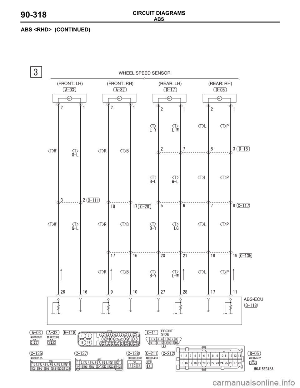 MITSUBISHI LANCER 2006  Workshop Manual ABS
CIRCUIT DIAGRAMS90-318
ABS <RHD>  (CONTINUED)
WHEEL SPEED SENSOR
(FRONT: LH) (FRONT: RH) (REAR: LH) (REAR: RH)
ABS-ECU
FRONT 
SIDE 