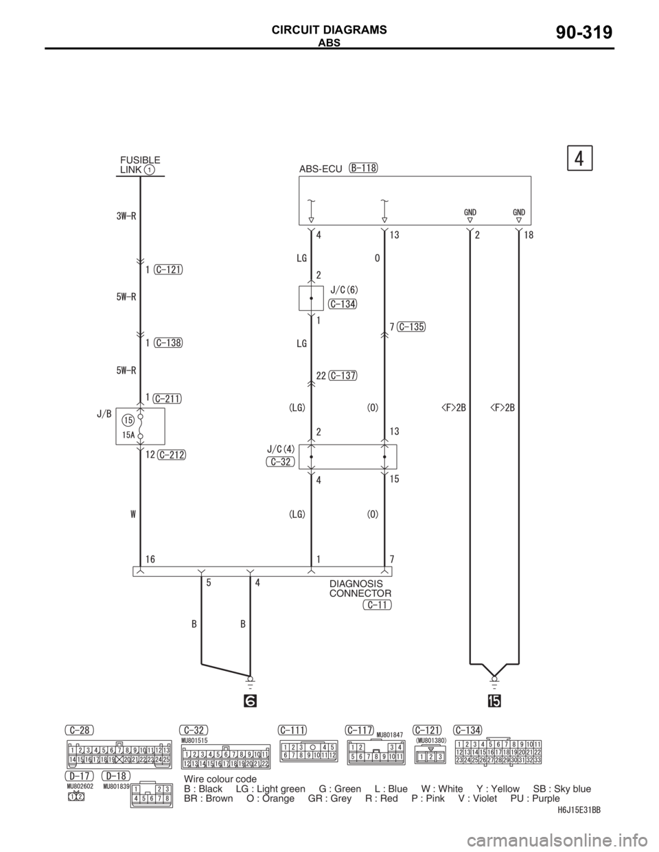 MITSUBISHI LANCER 2006  Workshop Manual ABS
CIRCUIT DIAGRAMS90-319
1FUSIBLE 
LINKABS-ECU
DIAGNOSIS 
CONNECTOR
Wire colour code
B : Black     LG : Light green     G : Green     L : Blue     W : White     Y : Yellow     SB : Sky blue
BR : Bro