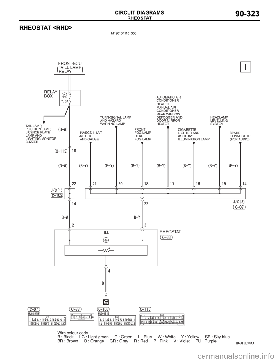 MITSUBISHI LANCER 2006 Workshop Manual RHEOSTAT
CIRCUIT DIAGRAMS90-323
RHEOSTAT <RHD>
M1901011101358
RELAY
BOX
·FRONT
FOG LAMP
·REAR
FOG LAMPHEADLAMP
LEVELLING
SYSTEM
·METER
AND GAUGE·INVECS-II 4A/TCIGARETTE
LIGHTER AND
ASHTRAY MITSUBISHI LANCER 2006 Workshop Manual RHEOSTAT
CIRCUIT DIAGRAMS90-323
RHEOSTAT <RHD>
M1901011101358
RELAY
BOX
·FRONT
FOG LAMP
·REAR
FOG LAMPHEADLAMP
LEVELLING
SYSTEM
·METER
AND GAUGE·INVECS-II 4A/TCIGARETTE
LIGHTER AND
ASHTRAY