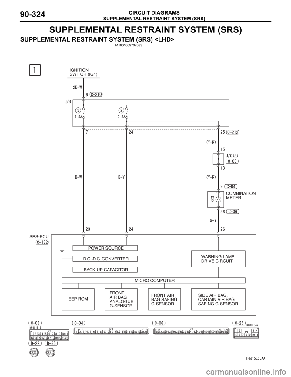 MITSUBISHI LANCER 2006  Workshop Manual SUPPLEMENTAL RESTRAINT SYSTEM (SRS)
CIRCUIT DIAGRAMS90-324
SUPPLEMENTAL RESTRAINT SYSTEM (SRS)
SUPPLEMENTAL RESTRAINT SYSTEM (SRS) <LHD>M1901009702033
IGNITION 
SWITCH (IG1)
COMBINATION 
METER
POWER S
