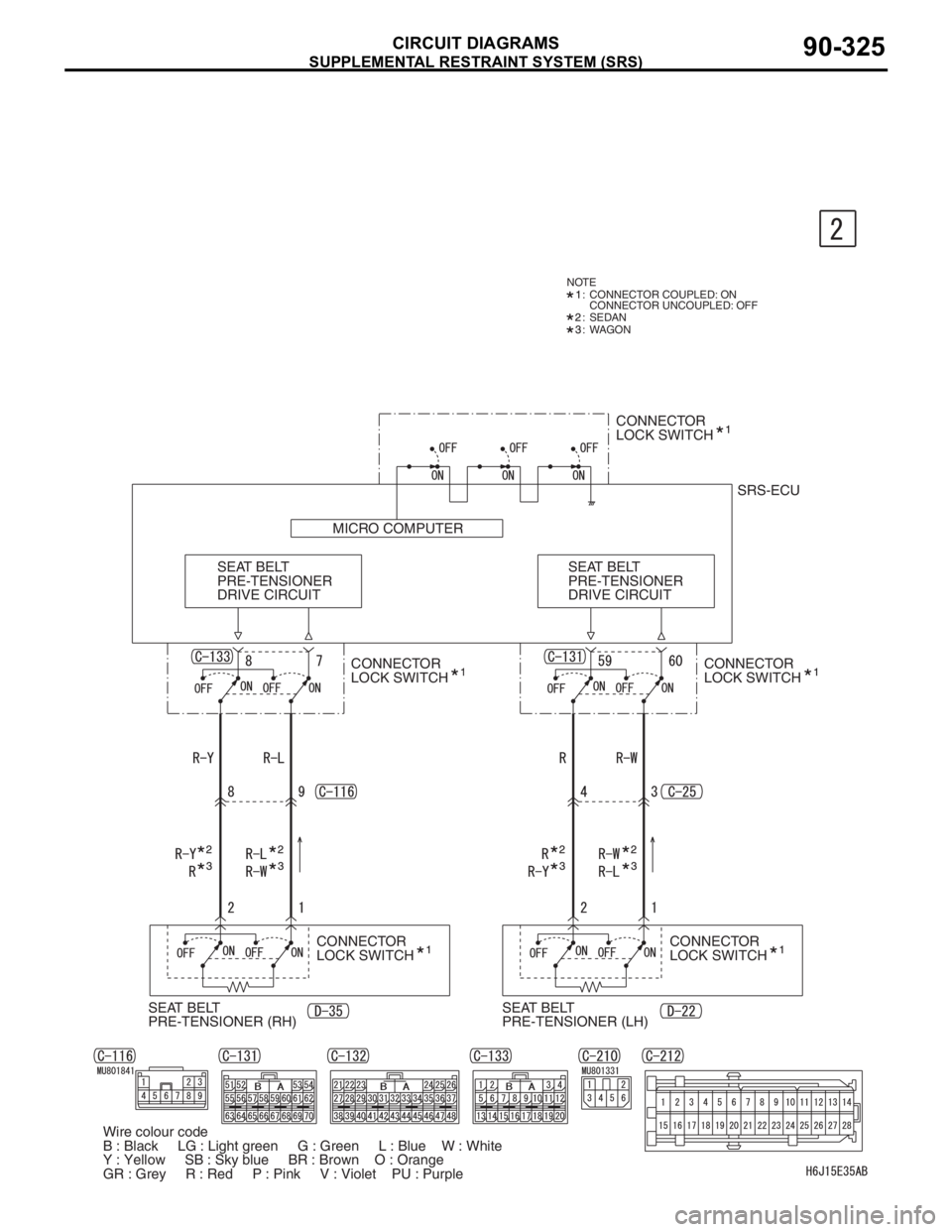 MITSUBISHI LANCER 2006  Workshop Manual SUPPLEMENTAL RESTRAINT SYSTEM (SRS)
CIRCUIT DIAGRAMS90-325
NOTE:  CONNECTOR COUPLED: ON
CONNECTOR UNCOUPLED: OFF
: SEDAN
: WAGON
SEAT BELT 
PRE-TENSIONER 
DRIVE CIRCUITSEAT BELT 
PRE-TENSIONER 
DRIVE 