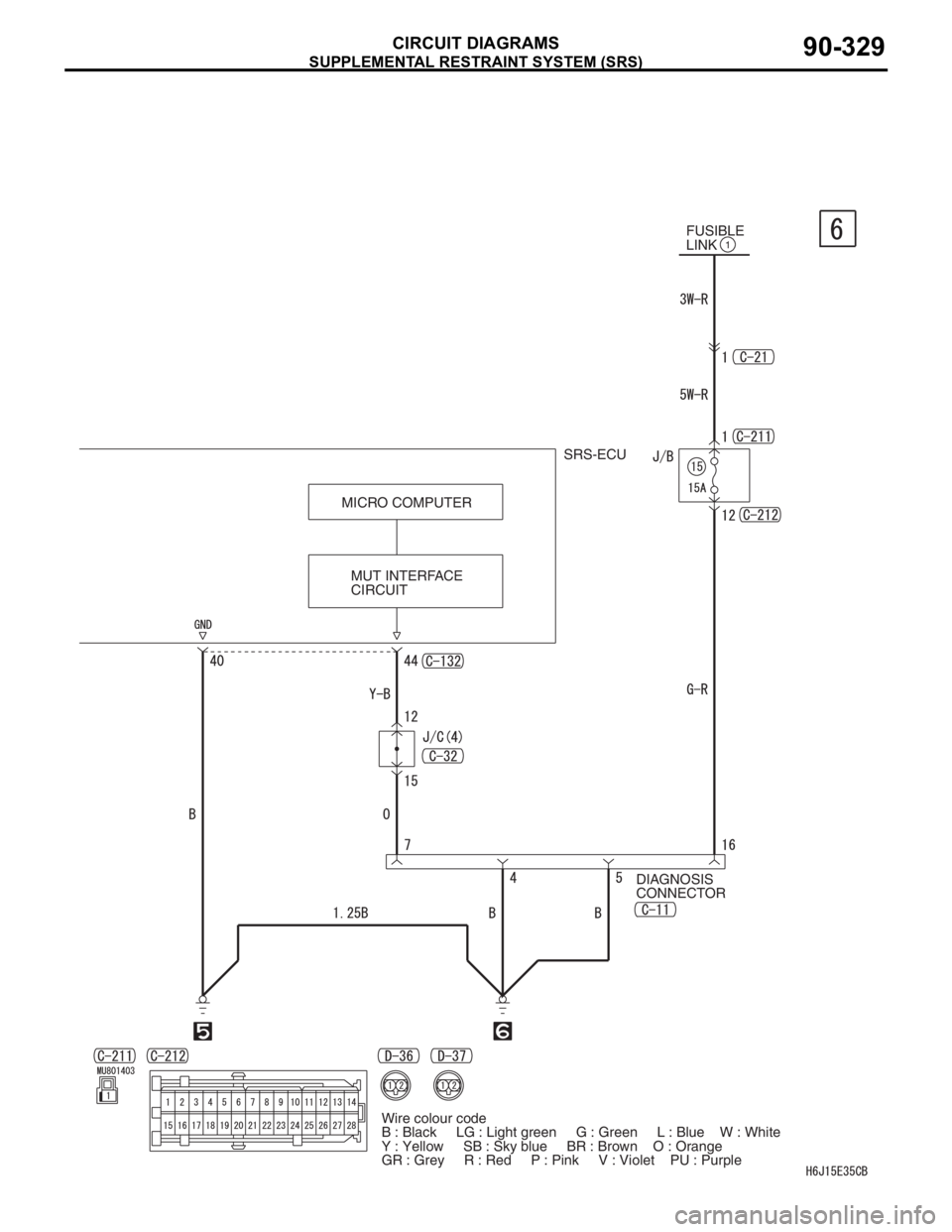 MITSUBISHI LANCER 2006  Workshop Manual SUPPLEMENTAL RESTRAINT SYSTEM (SRS)
CIRCUIT DIAGRAMS90-329
MUT INTERFACE 
CIRCUITSRS-ECU
DIAGNOSIS 
CONNECTORFUSIBLE 
LINK
1
MICRO COMPUTER
Wire colour code
B : Black     LG : Light green     G : Gree