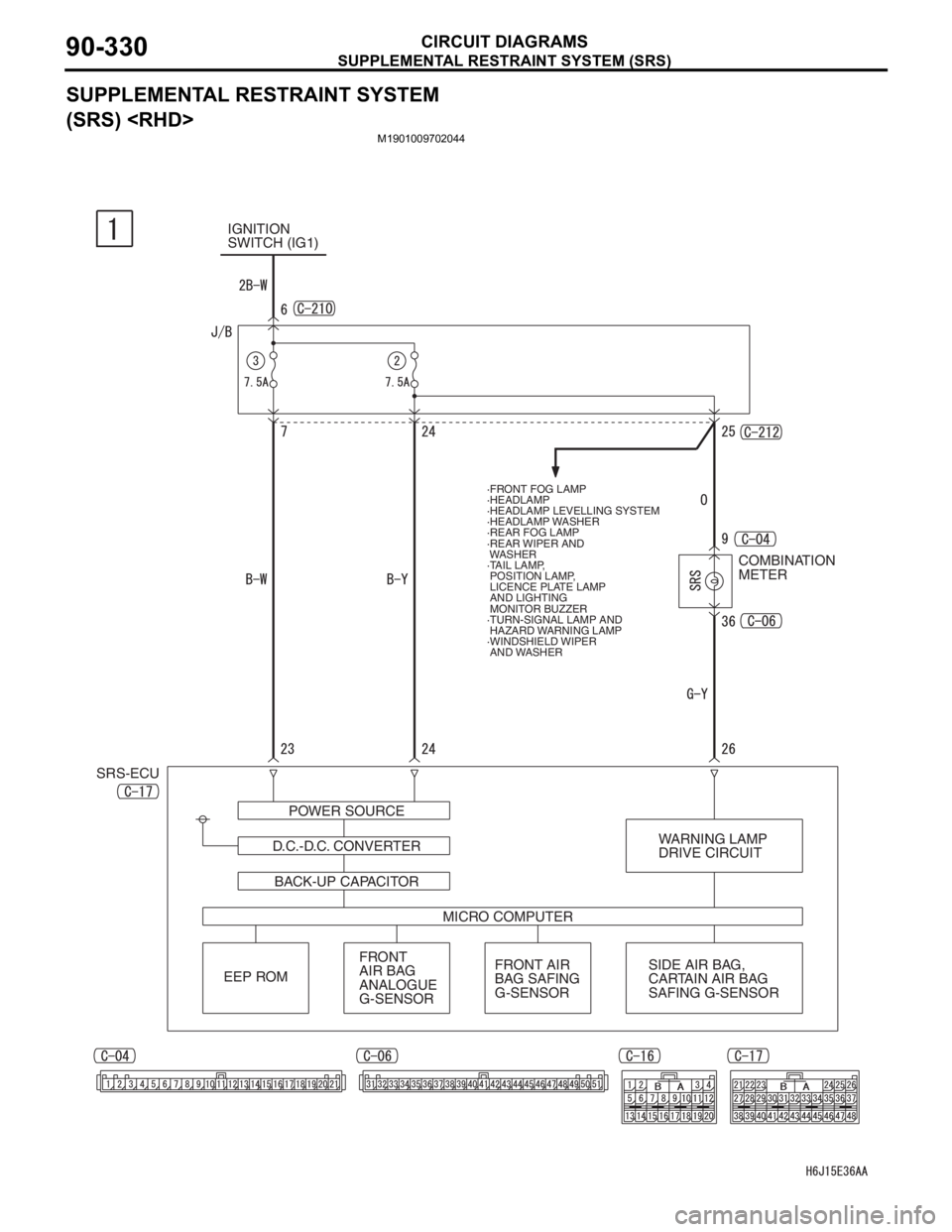 MITSUBISHI LANCER 2006  Workshop Manual SUPPLEMENTAL RESTRAINT SYSTEM (SRS)
CIRCUIT DIAGRAMS90-330
SUPPLEMENTAL RESTRAINT SYSTEM 
(SRS) <RHD>
M1901009702044
IGNITION 
SWITCH (IG1)
COMBINATION 
METER
·FRONT FOG LAMP 
·HEADLAMP 
·HEADLAMP 