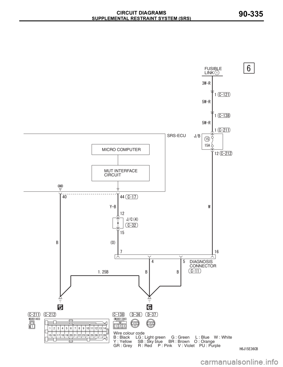 MITSUBISHI LANCER 2006  Workshop Manual SUPPLEMENTAL RESTRAINT SYSTEM (SRS)
CIRCUIT DIAGRAMS90-335
MUT INTERFACE 
CIRCUITSRS-ECU
DIAGNOSIS 
CONNECTORFUSIBLE 
LINK
1
MICRO COMPUTER
Wire colour code
B : Black     LG : Light green     G : Gree