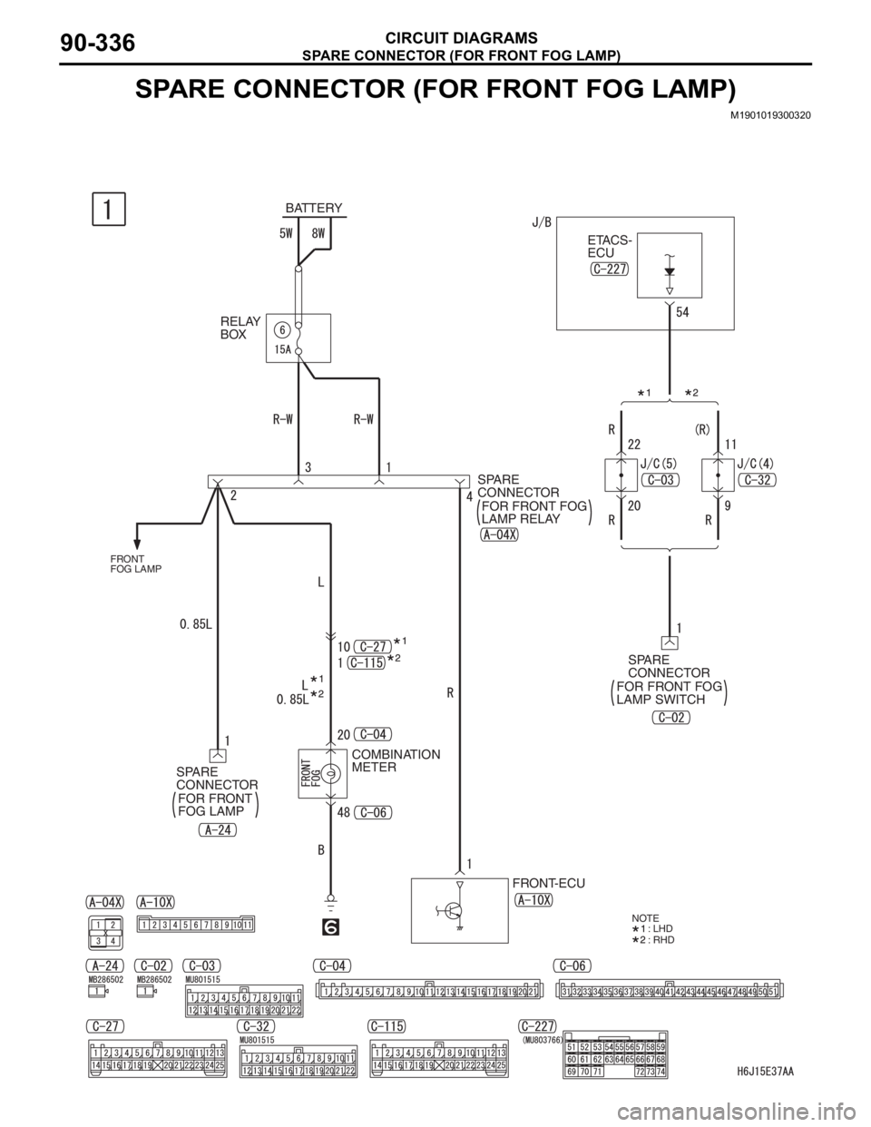 MITSUBISHI LANCER 2006 Workshop Manual SPARE CONNECTOR (FOR FRONT FOG LAMP)
CIRCUIT DIAGRAMS90-336
SPARE CONNECTOR (FOR FRONT FOG LAMP)
M1901019300320
NOTE
: LHD
: RHD
BATTERY
RELAY
BOXETACS-
ECU
SPARE
CONNECTOR
FRONT
FOG LAMP
COMBINATI MITSUBISHI LANCER 2006 Workshop Manual SPARE CONNECTOR (FOR FRONT FOG LAMP)
CIRCUIT DIAGRAMS90-336
SPARE CONNECTOR (FOR FRONT FOG LAMP)
M1901019300320
NOTE
: LHD
: RHD
BATTERY
RELAY
BOXETACS-
ECU
SPARE
CONNECTOR
FRONT
FOG LAMP
COMBINATI