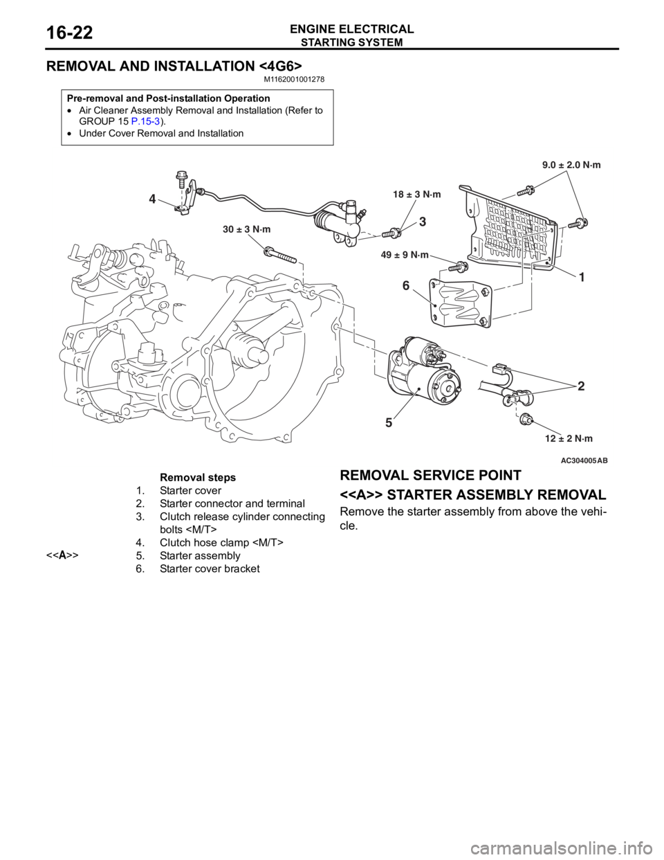 MITSUBISHI LANCER 2006  Workshop Manual 
STARTING SYSTEM
ENGINE ELECTRICAL16-22
REMOVAL AND INSTALLATION <4G6>
M1162001001278
Pre-removal and Post-installation Operation
•Air Cleaner Assembly Removal and Installation (Refer to 
GROUP 15 P