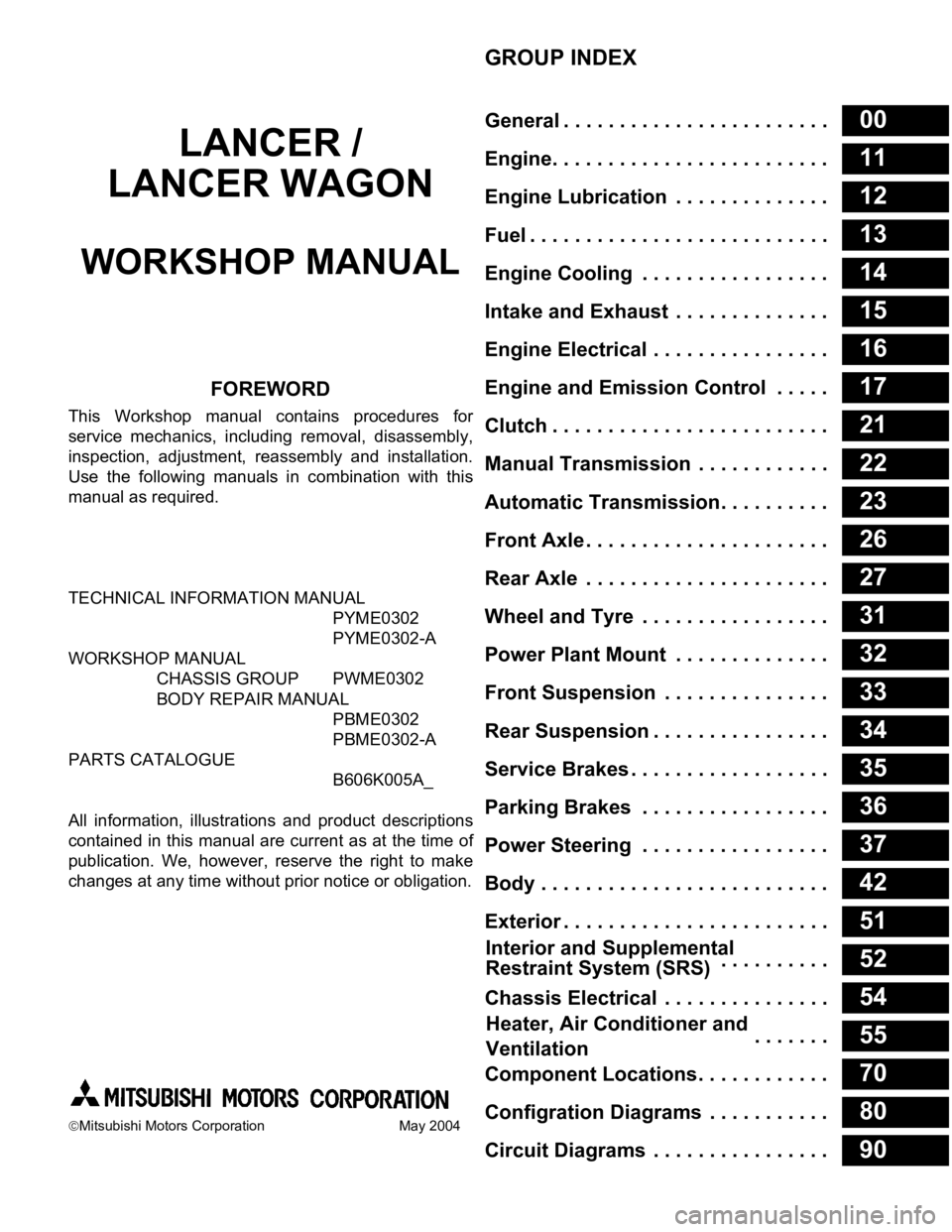 MITSUBISHI LANCER 2005  Workshop Manual GROUP INDEX
00General . . . . . . . . . . . . . . . . . . . . . . . .
11Engine. . . . . . . . . . . . . . . . . . . . . . . . .
12Engine Lubrication  . . . . . . . . . . . . . .
13Fuel . . . . . . . .