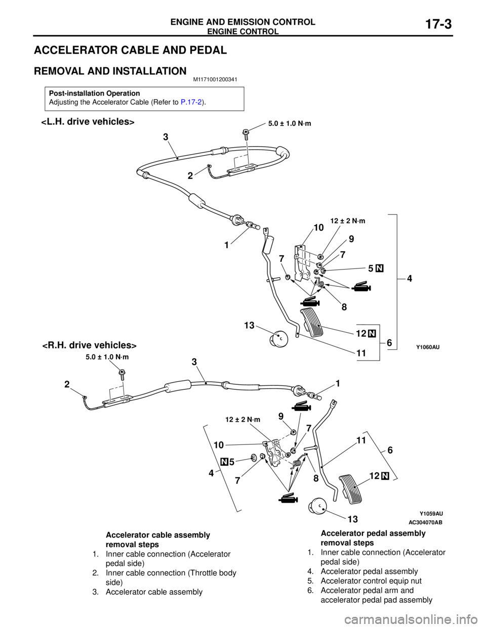 MITSUBISHI LANCER 2005 Workshop Manual ENGINE CONTROL
ENGINE AND EMISSION CONTROL17-3
ACCELERATOR CABLE AND PEDAL
REMOVAL AND INSTALLATIONM1171001200341
Post-installation Operation
Adjusting the Accelerator Cable (Refer to P.17-2).
Y1059AU MITSUBISHI LANCER 2005 Workshop Manual ENGINE CONTROL
ENGINE AND EMISSION CONTROL17-3
ACCELERATOR CABLE AND PEDAL
REMOVAL AND INSTALLATIONM1171001200341
Post-installation Operation
Adjusting the Accelerator Cable (Refer to P.17-2).
Y1059AU