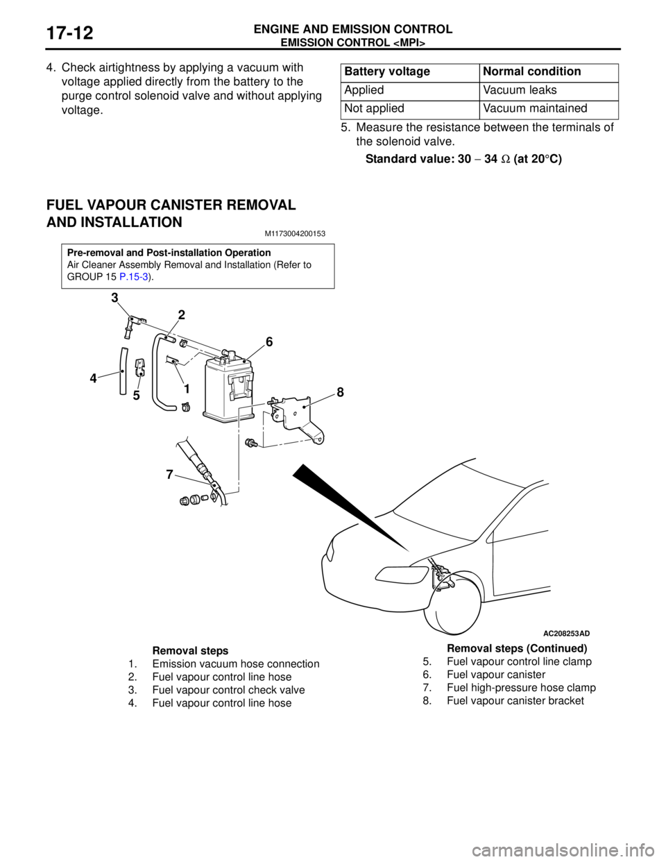 MITSUBISHI LANCER 2005 Workshop Manual EMISSION CONTROL <MPI>
ENGINE AND EMISSION CONTROL17-12
4. Check airtightness by applying a vacuum with
voltage applied directly from the battery to the
purge control solenoid valve and without appl MITSUBISHI LANCER 2005 Workshop Manual EMISSION CONTROL <MPI>
ENGINE AND EMISSION CONTROL17-12
4. Check airtightness by applying a vacuum with
voltage applied directly from the battery to the
purge control solenoid valve and without appl
