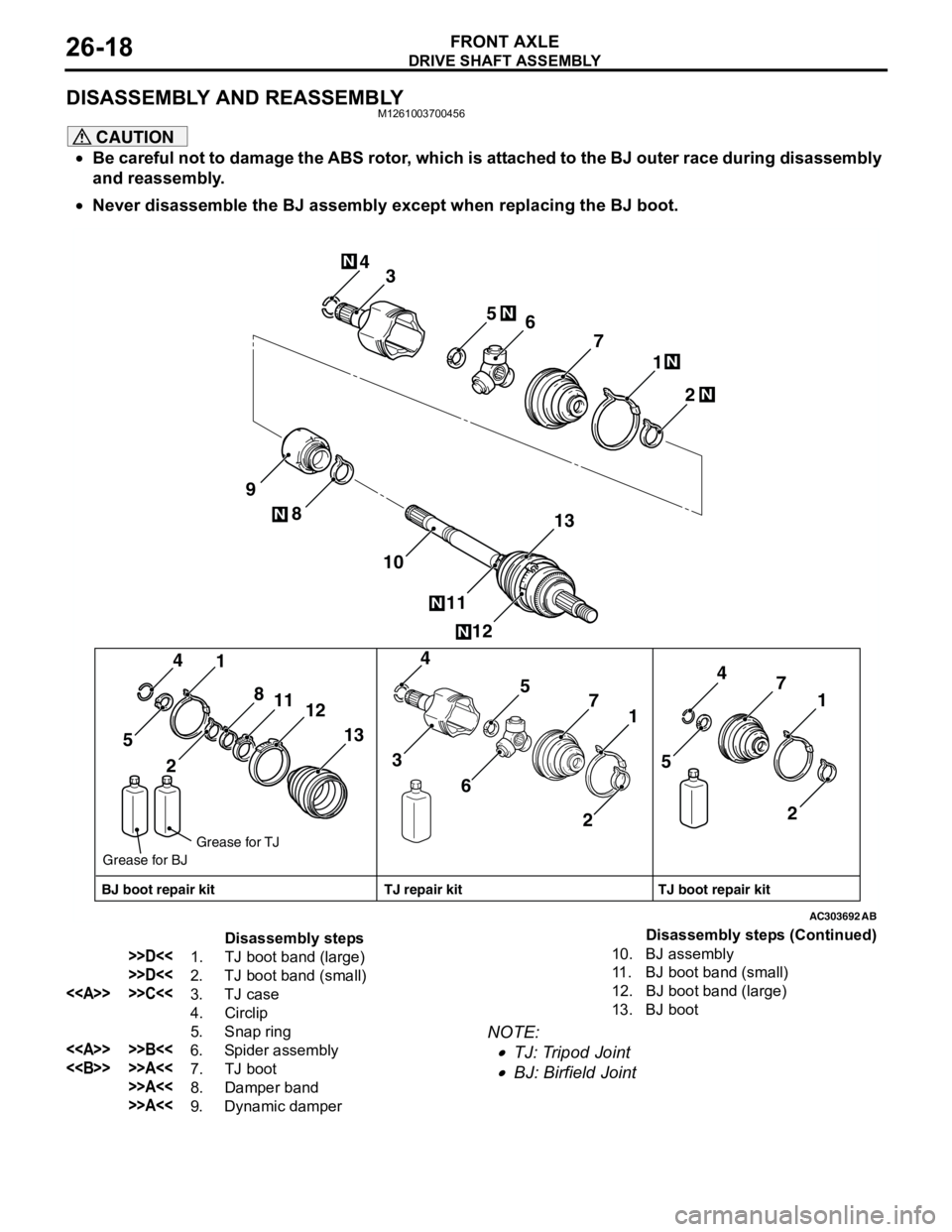MITSUBISHI LANCER 2005 Workshop Manual DRIVE SHAFT ASSEMBLY
FRONT AXLE26-18
DISASSEMBLY AND REASSEMBLYM1261003700456
CAUTION
•Be careful not to damage the ABS rotor, which is attached to the BJ outer race during disassembly
and reassemb MITSUBISHI LANCER 2005 Workshop Manual DRIVE SHAFT ASSEMBLY
FRONT AXLE26-18
DISASSEMBLY AND REASSEMBLYM1261003700456
CAUTION
•Be careful not to damage the ABS rotor, which is attached to the BJ outer race during disassembly
and reassemb
