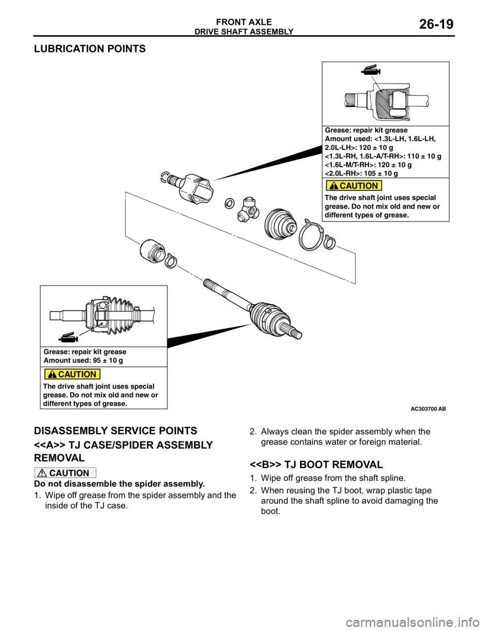 MITSUBISHI LANCER 2005 Workshop Manual DRIVE SHAFT ASSEMBLY
FRONT AXLE26-19
LUBRICATION POINTS
DISASSEMBLY SERVICE POINTS
<<A>> TJ CASE/SPIDER ASSEMBLY
REMOVAL
CAUTION
Do not disassemble the spider assembly.
1. Wipe off grease from the sp MITSUBISHI LANCER 2005 Workshop Manual DRIVE SHAFT ASSEMBLY
FRONT AXLE26-19
LUBRICATION POINTS
DISASSEMBLY SERVICE POINTS
<<A>> TJ CASE/SPIDER ASSEMBLY
REMOVAL
CAUTION
Do not disassemble the spider assembly.
1. Wipe off grease from the sp