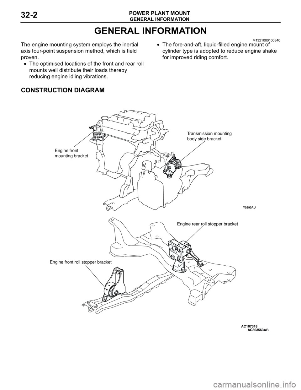 MITSUBISHI LANCER 2005 User Guide GENERAL INFORMATION
POWER PLANT MOUNT32-2
GENERAL INFORMATION
M1321000100340The engine mounting system employs the inertial
axis four-point suspension method, which is field
proven.
•The optimised MITSUBISHI LANCER 2005 User Guide GENERAL INFORMATION
POWER PLANT MOUNT32-2
GENERAL INFORMATION
M1321000100340The engine mounting system employs the inertial
axis four-point suspension method, which is field
proven.
•The optimised