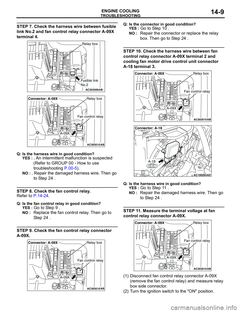 MITSUBISHI LANCER 2005  Workshop Manual TROUBLESHOOTING
ENGINE COOLING14-9
STEP 7. Check the harness wire between fusible 
link No.2 and fan control relay connector A-09X 
terminal 4.
Q: Is the harness wire in good condition?
YES : . 
An in