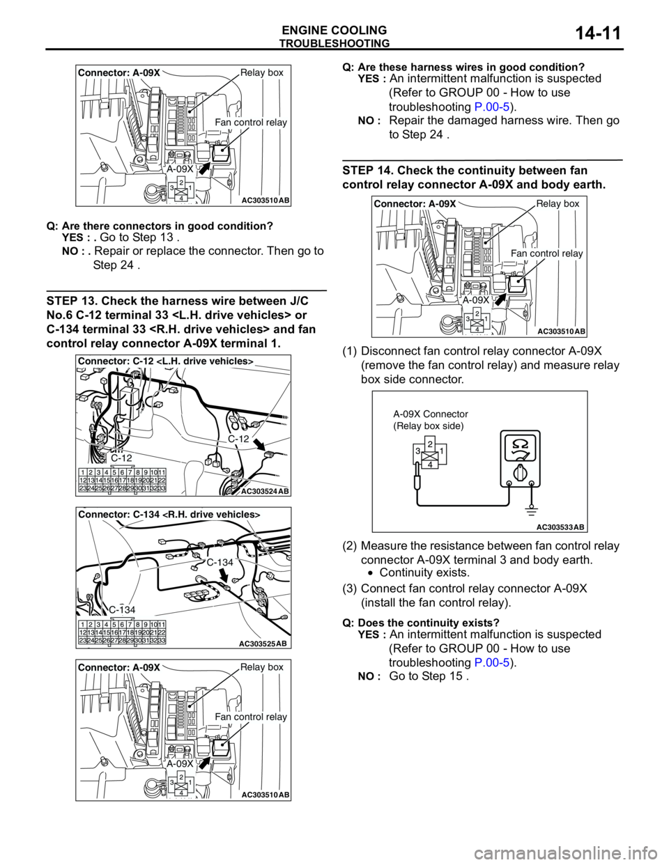 MITSUBISHI LANCER 2005 Owners Manual TROUBLESHOOTING
ENGINE COOLING14-11
Q: Are there connectors in good condition?
YES : .
Go to Step 13 .
NO : . Repair or replace the connector. Then go to
Step 24 .
STEP 13. Check the harness wire be MITSUBISHI LANCER 2005 Owners Manual TROUBLESHOOTING
ENGINE COOLING14-11
Q: Are there connectors in good condition?
YES : .
Go to Step 13 .
NO : . Repair or replace the connector. Then go to
Step 24 .
STEP 13. Check the harness wire be