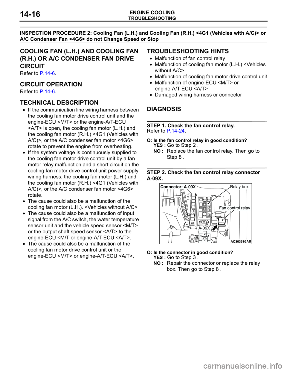 MITSUBISHI LANCER 2005  Workshop Manual TROUBLESHOOTING
ENGINE COOLING14-16
INSPECTION PROCEDURE 2: Cooling Fan (L.H.) and Cooling Fan (R.H.) <4G1 (Vehicles with A/C)> or 
A/C Condenser Fan <4G6> do not Change Speed or Stop
COOLING FAN (L.H