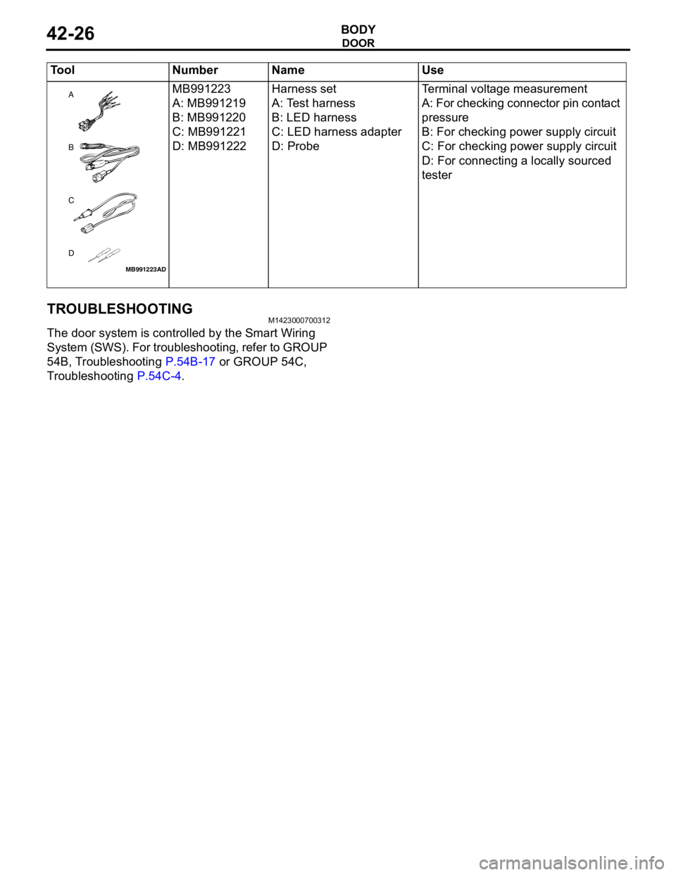MITSUBISHI LANCER 2005 Workshop Manual DOOR
BODY42-26
TROUBLESHOOTINGM1423000700312
The door system is controlled by the Smart Wiring
System (SWS). For troubleshooting, refer to GROUP
54B, Troubleshooting P.54B-17 or GROUP 54C,
Troubles MITSUBISHI LANCER 2005 Workshop Manual DOOR
BODY42-26
TROUBLESHOOTINGM1423000700312
The door system is controlled by the Smart Wiring
System (SWS). For troubleshooting, refer to GROUP
54B, Troubleshooting P.54B-17 or GROUP 54C,
Troubles