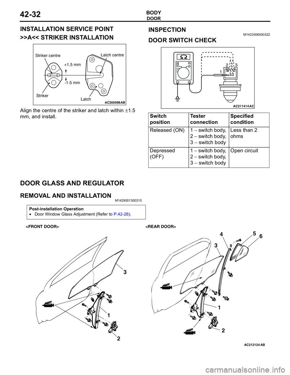 MITSUBISHI LANCER 2005 Workshop Manual DOOR
BODY42-32
INSTALLATION SERVICE POINT
>>A<< STRIKER INSTALLATION
Align the centre of the striker and latch within ±1.5
mm, and install.
INSPECTIONM1423006000322
DOOR SWITCH CHECK
DOOR GLASS AND MITSUBISHI LANCER 2005 Workshop Manual DOOR
BODY42-32
INSTALLATION SERVICE POINT
>>A<< STRIKER INSTALLATION
Align the centre of the striker and latch within ±1.5
mm, and install.
INSPECTIONM1423006000322
DOOR SWITCH CHECK
DOOR GLASS AND