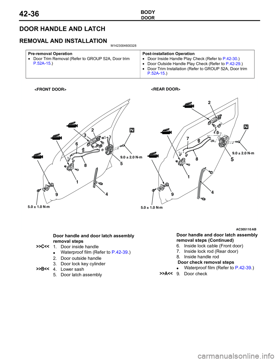 MITSUBISHI LANCER 2005 Workshop Manual DOOR
BODY42-36
DOOR HANDLE AND LATCH
REMOVAL AND INSTALLATIONM1423004600328
Pre-removal Operation
•Door Trim Removal (Refer to GROUP 52A, Door trim
P.52A-15.)Post-installation Operation
•Door Ins MITSUBISHI LANCER 2005 Workshop Manual DOOR
BODY42-36
DOOR HANDLE AND LATCH
REMOVAL AND INSTALLATIONM1423004600328
Pre-removal Operation
•Door Trim Removal (Refer to GROUP 52A, Door trim
P.52A-15.)Post-installation Operation
•Door Ins