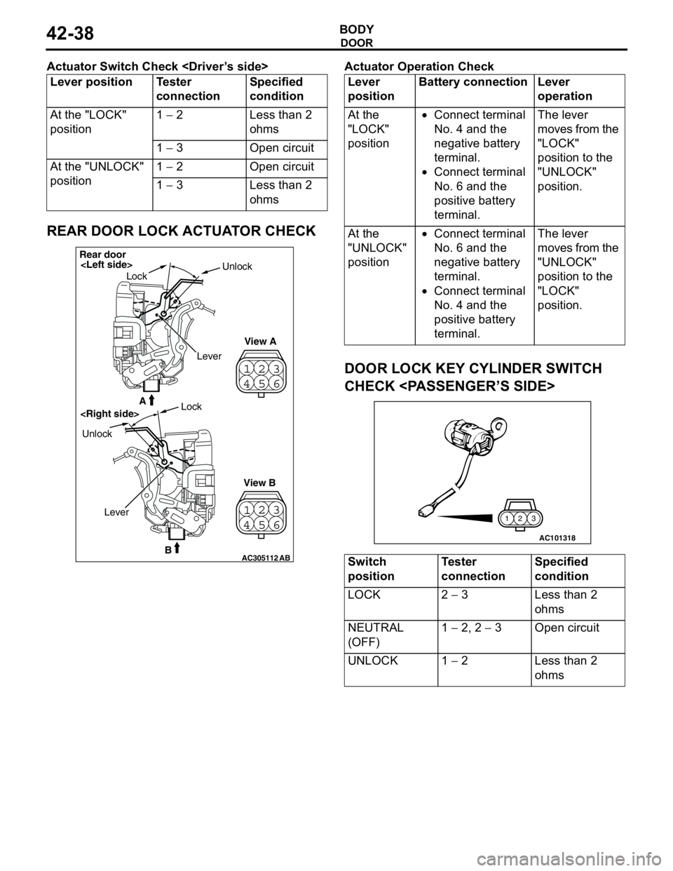 MITSUBISHI LANCER 2005  Workshop Manual DOOR
BODY42-38
Actuator Switch Check <Driver’s side>
REAR DOOR LOCK ACTUATOR CHECK
Actuator Operation Check 
DOOR LOCK KEY CYLINDER SWITCH 
CHECK <PASSENGER’S SIDE>
Lever position Tester 
connecti