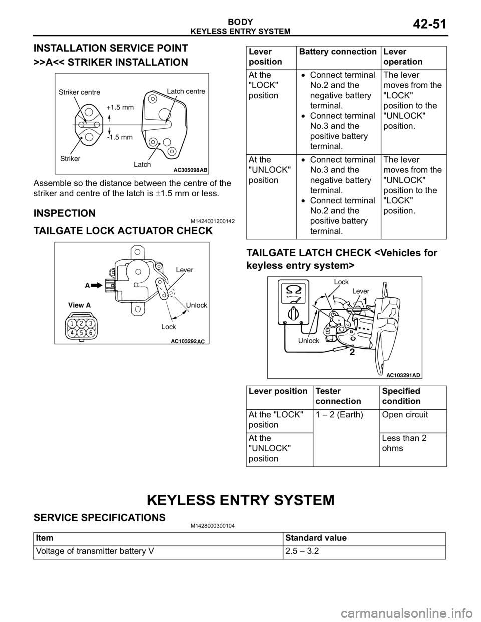 MITSUBISHI LANCER 2005 Workshop Manual KEYLESS ENTRY SYSTEM
BODY42-51
INSTALLATION SERVICE POINT
>>A<< STRIKER INSTALLATION
Assemble so the distance between the centre of the
striker and centre of the latch is ±1.5 mm or less.
INSPECTION MITSUBISHI LANCER 2005 Workshop Manual KEYLESS ENTRY SYSTEM
BODY42-51
INSTALLATION SERVICE POINT
>>A<< STRIKER INSTALLATION
Assemble so the distance between the centre of the
striker and centre of the latch is ±1.5 mm or less.
INSPECTION