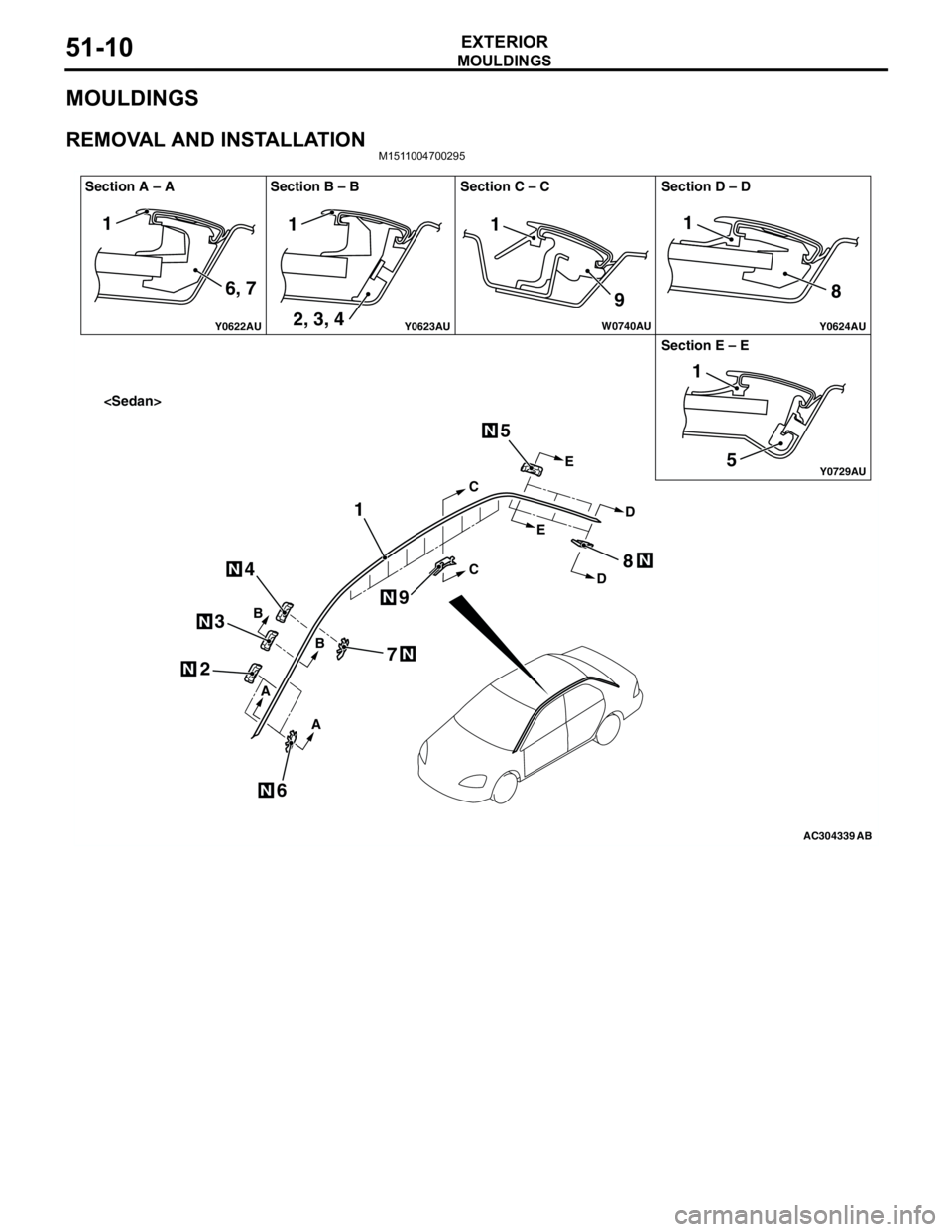 MITSUBISHI LANCER 2005 Workshop Manual MOULDINGS
EXTERIOR51-10
MOULDINGS
REMOVAL AND INSTALLATIONM1511004700295
AC304339 Y0622AU
Y0624AUY0623AU
Y0729AU
W0740AU
Section A – A
<Sedan>Section B – B Section C – C Section D – D
Section MITSUBISHI LANCER 2005 Workshop Manual MOULDINGS
EXTERIOR51-10
MOULDINGS
REMOVAL AND INSTALLATIONM1511004700295
AC304339 Y0622AU
Y0624AUY0623AU
Y0729AU
W0740AU
Section A – A
<Sedan>Section B – B Section C – C Section D – D
Section