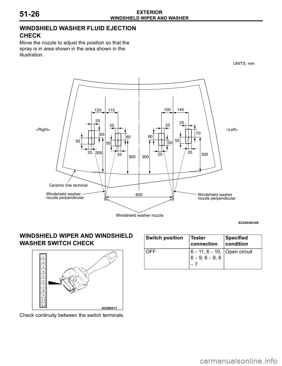 MITSUBISHI LANCER 2005 Workshop Manual WINDSHIELD WIPER AND WASHER
EXTERIOR51-26
WINDSHIELD WASHER FLUID EJECTION
CHECK
Move the nozzle to adjust the position so that the
spray is in area shown in the area shown in the
illustration.
WIN MITSUBISHI LANCER 2005 Workshop Manual WINDSHIELD WIPER AND WASHER
EXTERIOR51-26
WINDSHIELD WASHER FLUID EJECTION
CHECK
Move the nozzle to adjust the position so that the
spray is in area shown in the area shown in the
illustration.
WIN