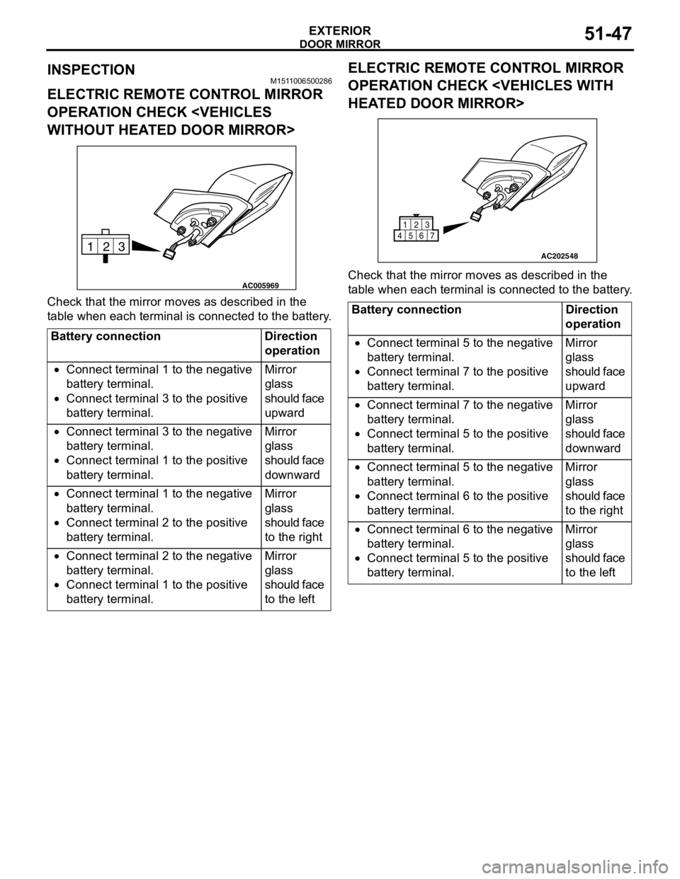 MITSUBISHI LANCER 2005 Workshop Manual DOOR MIRROR
EXTERIOR51-47
INSPECTIONM1511006500286
ELECTRIC REMOTE CONTROL MIRROR
OPERATION CHECK <VEHICLES
WITHOUT HEATED DOOR MIRROR>
Check that the mirror moves as described in the
table when ea MITSUBISHI LANCER 2005 Workshop Manual DOOR MIRROR
EXTERIOR51-47
INSPECTIONM1511006500286
ELECTRIC REMOTE CONTROL MIRROR
OPERATION CHECK <VEHICLES
WITHOUT HEATED DOOR MIRROR>
Check that the mirror moves as described in the
table when ea