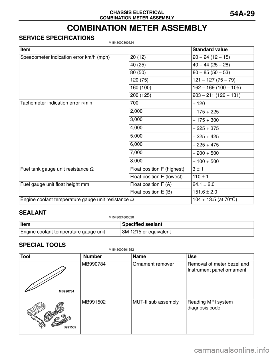 MITSUBISHI LANCER 2005  Workshop Manual COMBINATION METER ASSEMBLY
CHASSIS ELECTRICAL54A-29
COMBINATION METER ASSEMBLY
SERVICE SPECIFICATIONSM1543000300324
SEALANTM1543024600028
SPECIAL TOOLSM1543000601652
ItemStandard value
Speedometer ind