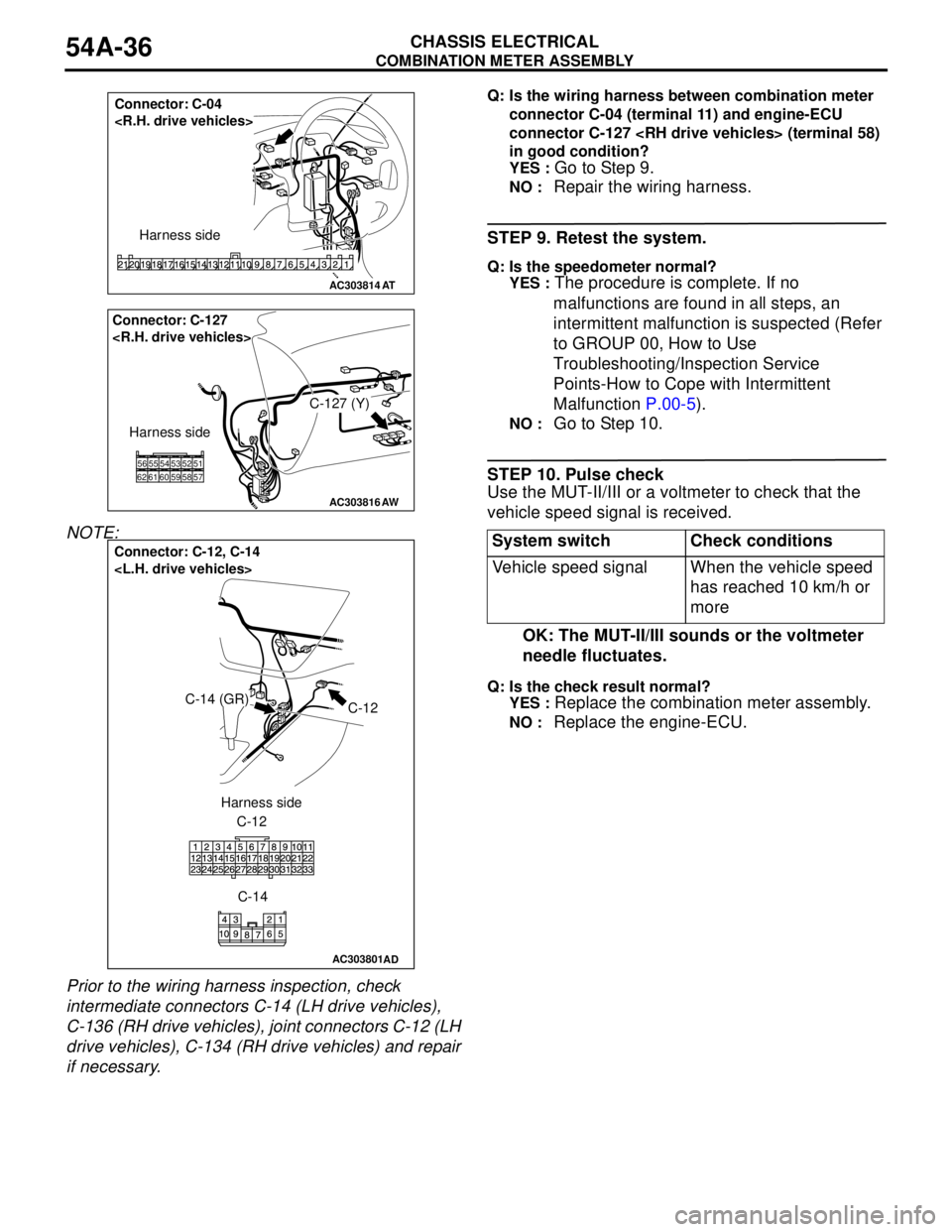 MITSUBISHI LANCER 2005 Manual PDF COMBINATION METER ASSEMBLY
CHASSIS ELECTRICAL54A-36
NOTE:
Prior to the wiring harness inspection, check
intermediate connectors C-14 (LH drive vehicles),
C-136 (RH drive vehicles), joint connectors MITSUBISHI LANCER 2005 Manual PDF COMBINATION METER ASSEMBLY
CHASSIS ELECTRICAL54A-36
NOTE:
Prior to the wiring harness inspection, check
intermediate connectors C-14 (LH drive vehicles),
C-136 (RH drive vehicles), joint connectors