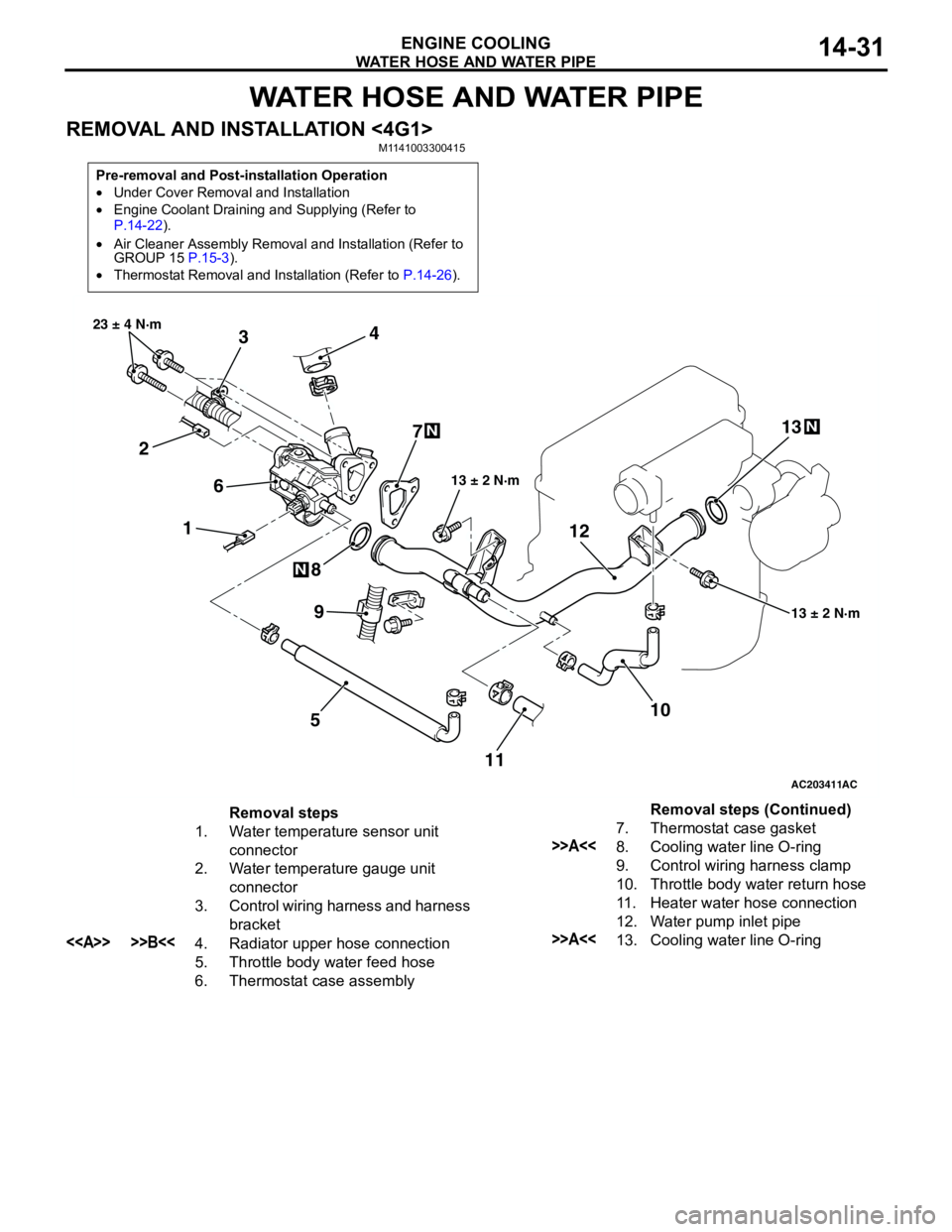 MITSUBISHI LANCER 2005  Workshop Manual WATER HOSE AND WATER PIPE
ENGINE COOLING14-31
WATER HOSE AND WATER PIPE
REMOVAL AND INSTALLATION <4G1>M1141003300415
Pre-removal and Post-installation Operation
•Under Cover Removal and Installation