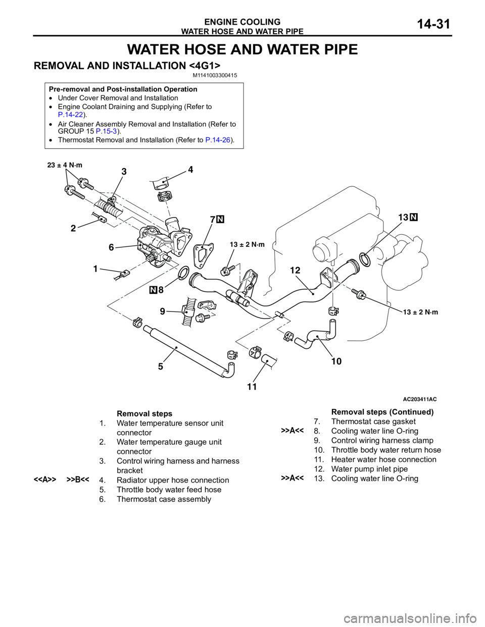 MITSUBISHI LANCER 2005 Workshop Manual WATER HOSE AND WATER PIPE
ENGINE COOLING14-31
WATER HOSE AND WATER PIPE
REMOVAL AND INSTALLATION <4G1>M1141003300415
Pre-removal and Post-installation Operation
•Under Cover Removal and Installation MITSUBISHI LANCER 2005 Workshop Manual WATER HOSE AND WATER PIPE
ENGINE COOLING14-31
WATER HOSE AND WATER PIPE
REMOVAL AND INSTALLATION <4G1>M1141003300415
Pre-removal and Post-installation Operation
•Under Cover Removal and Installation