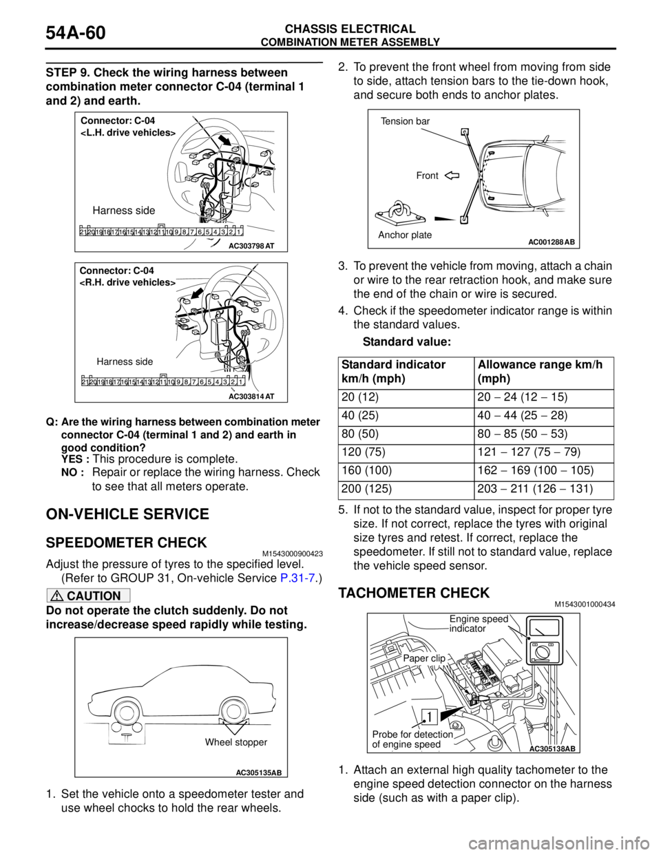 MITSUBISHI LANCER 2005 Manual PDF COMBINATION METER ASSEMBLY
CHASSIS ELECTRICAL54A-60
STEP 9. Check the wiring harness between
combination meter connector C-04 (terminal 1
and 2) and earth.
Q: Are the wiring harness between combinat MITSUBISHI LANCER 2005 Manual PDF COMBINATION METER ASSEMBLY
CHASSIS ELECTRICAL54A-60
STEP 9. Check the wiring harness between
combination meter connector C-04 (terminal 1
and 2) and earth.
Q: Are the wiring harness between combinat