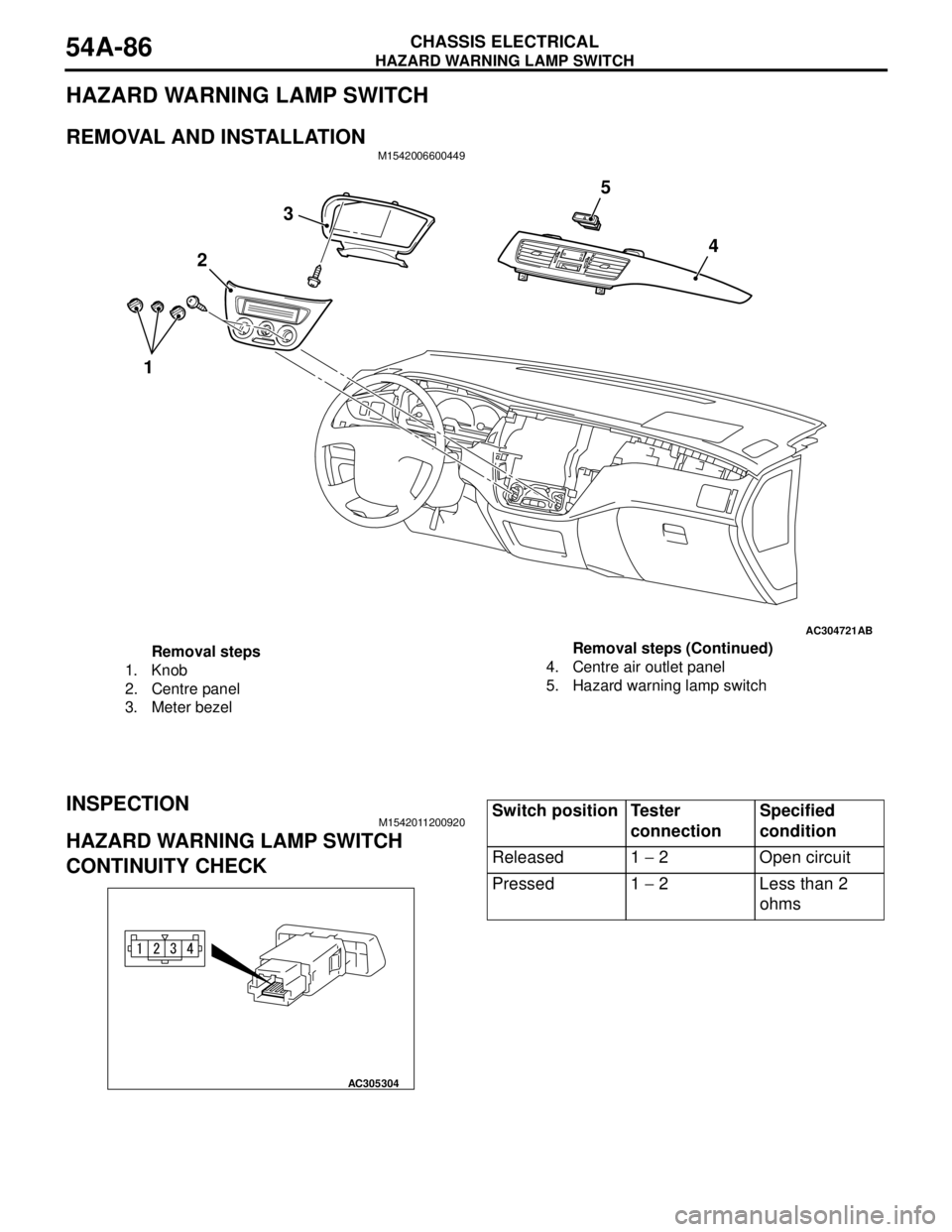 MITSUBISHI LANCER 2005 Workshop Manual HAZARD WARNING LAMP SWITCH
CHASSIS ELECTRICAL54A-86
HAZARD WARNING LAMP SWITCH
REMOVAL AND INSTALLATIONM1542006600449
INSPECTIONM1542011200920
HAZARD WARNING LAMP SWITCH
CONTINUITY CHECK
AC304721AB
3 MITSUBISHI LANCER 2005 Workshop Manual HAZARD WARNING LAMP SWITCH
CHASSIS ELECTRICAL54A-86
HAZARD WARNING LAMP SWITCH
REMOVAL AND INSTALLATIONM1542006600449
INSPECTIONM1542011200920
HAZARD WARNING LAMP SWITCH
CONTINUITY CHECK
AC304721AB
3