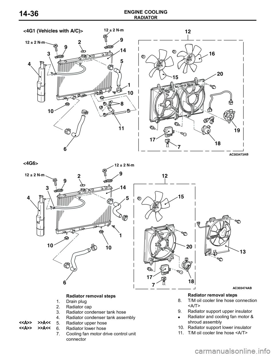 MITSUBISHI LANCER 2005 Workshop Manual RADIATOR
ENGINE COOLING14-36
AC303473
18 171520 12
9
14
5 2
9
3
4
1
10
6 10
12 ± 2 N·m
AB
12 ± 2 N·m<4G1 (Vehicles with A/C)>
16
19
8
11
7
AC303474
18 1715
20 12 9
14
5 2
9
3
4
1
10
6 10
12 ± 2 N MITSUBISHI LANCER 2005 Workshop Manual RADIATOR
ENGINE COOLING14-36
AC303473
18 171520 12
9
14
5 2
9
3
4
1
10
6 10
12 ± 2 N·m
AB
12 ± 2 N·m<4G1 (Vehicles with A/C)>
16
19
8
11
7
AC303474
18 1715
20 12 9
14
5 2
9
3
4
1
10
6 10
12 ± 2 N