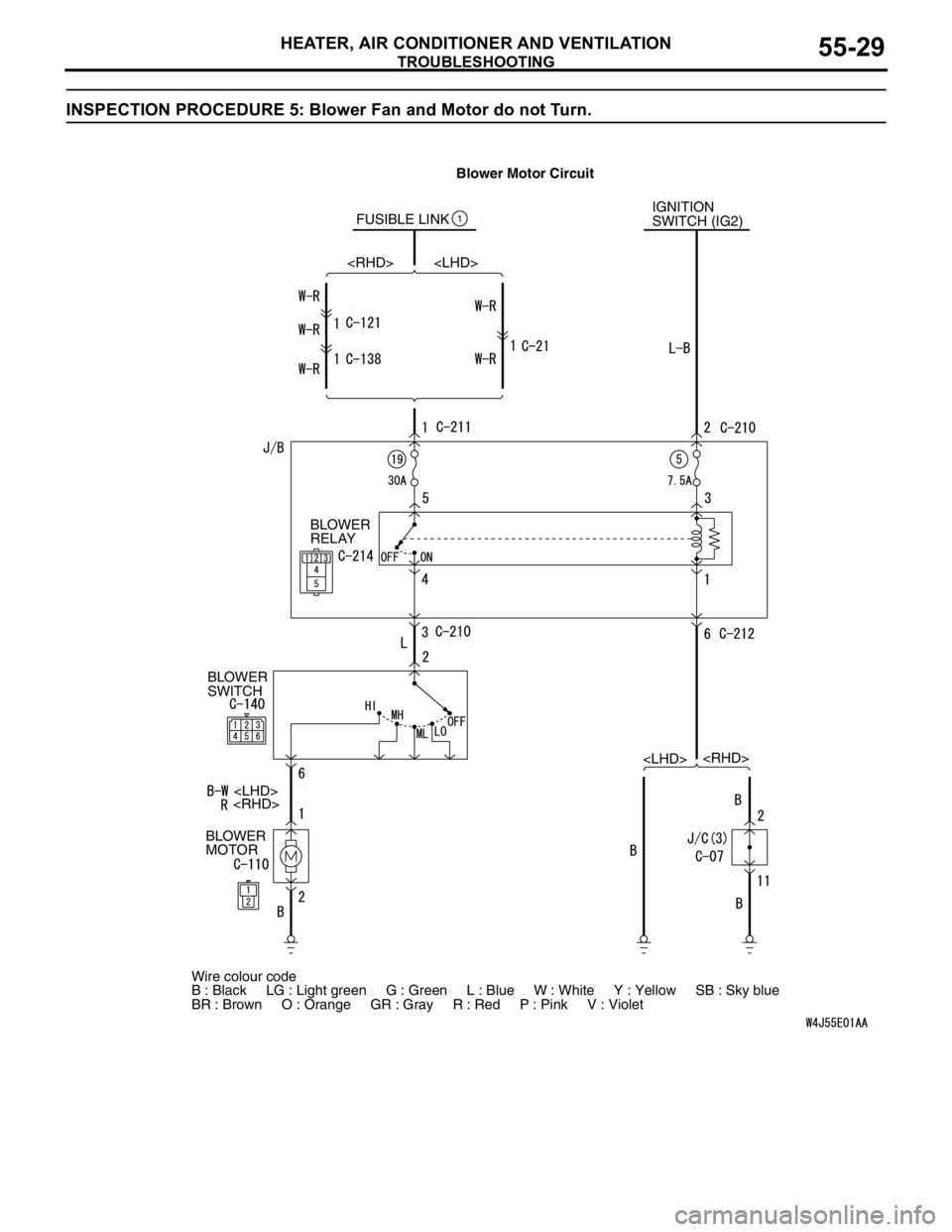 MITSUBISHI LANCER 2005 Workshop Manual TROUBLESHOOTING
HEATER, AIR CONDITIONER AND VENTILATION55-29
INSPECTION PROCEDURE 5: Blower Fan and Motor do not Turn.
FUSIBLE LINK1IGNITION
SWITCH (IG2)
BLOWER
RELAY
BLOWER
SWITCH
BLOWER
MOTOR
Wire MITSUBISHI LANCER 2005 Workshop Manual TROUBLESHOOTING
HEATER, AIR CONDITIONER AND VENTILATION55-29
INSPECTION PROCEDURE 5: Blower Fan and Motor do not Turn.
FUSIBLE LINK1IGNITION
SWITCH (IG2)
BLOWER
RELAY
BLOWER
SWITCH
BLOWER
MOTOR
Wire