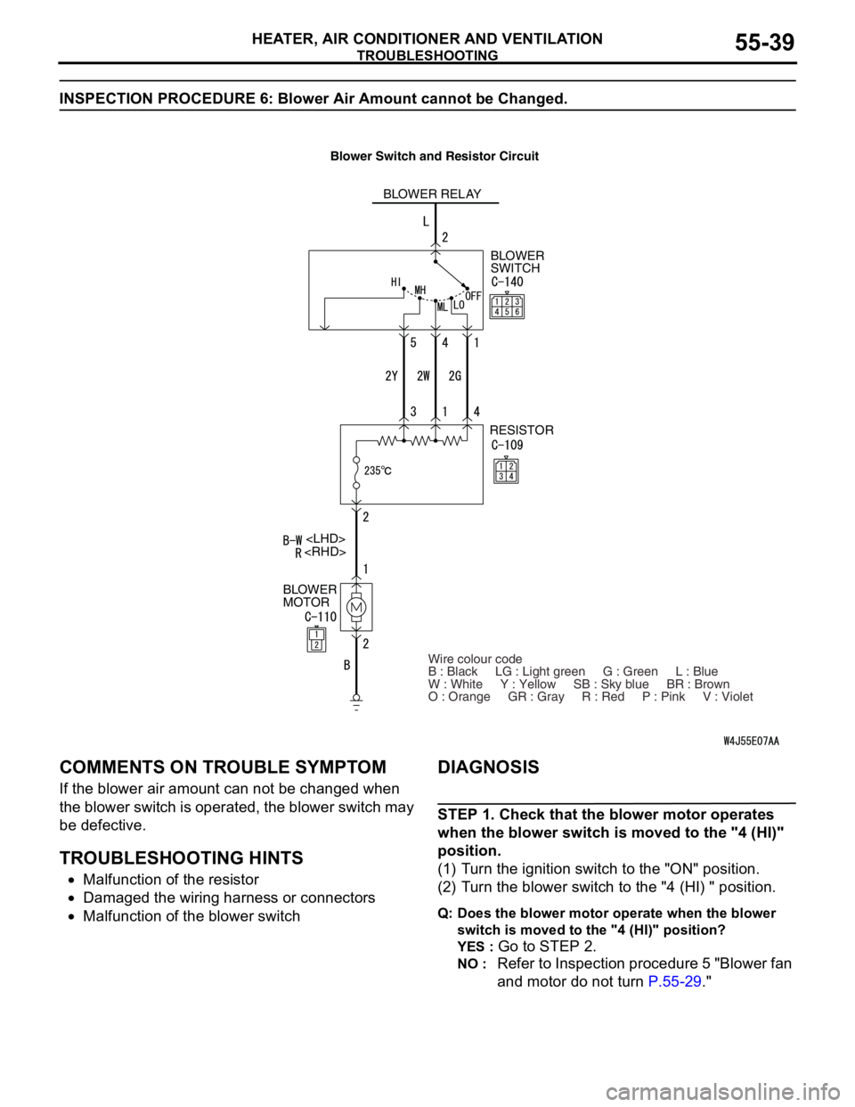 MITSUBISHI LANCER 2005 Workshop Manual TROUBLESHOOTING
HEATER, AIR CONDITIONER AND VENTILATION55-39
INSPECTION PROCEDURE 6: Blower Air Amount cannot be Changed.
COMMENTS ON TROUBLE SYMPTOM
If the blower air amount can not be changed when
MITSUBISHI LANCER 2005 Workshop Manual TROUBLESHOOTING
HEATER, AIR CONDITIONER AND VENTILATION55-39
INSPECTION PROCEDURE 6: Blower Air Amount cannot be Changed.
COMMENTS ON TROUBLE SYMPTOM
If the blower air amount can not be changed when