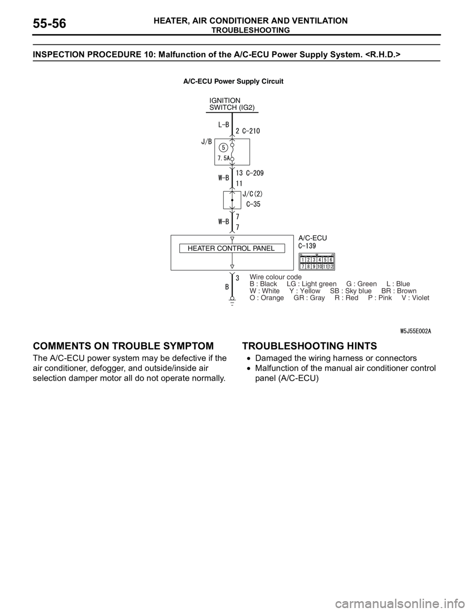 MITSUBISHI LANCER 2005 Workshop Manual TROUBLESHOOTING
HEATER, AIR CONDITIONER AND VENTILATION55-56
INSPECTION PROCEDURE 10: Malfunction of the A/C-ECU Power Supply System. <R.H.D.>
COMMENTS ON TROUBLE SYMPTOM
The A/C-ECU power system may MITSUBISHI LANCER 2005 Workshop Manual TROUBLESHOOTING
HEATER, AIR CONDITIONER AND VENTILATION55-56
INSPECTION PROCEDURE 10: Malfunction of the A/C-ECU Power Supply System. <R.H.D.>
COMMENTS ON TROUBLE SYMPTOM
The A/C-ECU power system may