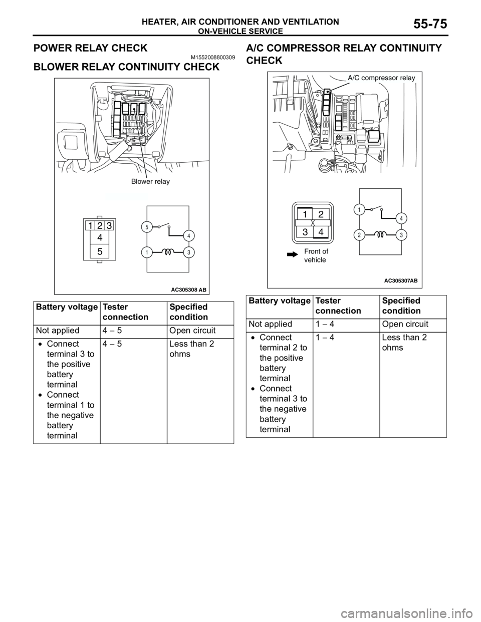 MITSUBISHI LANCER 2005 Repair Manual ON-VEHICLE SERVICE
HEATER, AIR CONDITIONER AND VENTILATION55-75
POWER RELAY CHECKM1552008800309
BLOWER RELAY CONTINUITY CHECKA/C COMPRESSOR RELAY CONTINUITY
CHECK
Battery voltage Tester
connectionSp MITSUBISHI LANCER 2005 Repair Manual ON-VEHICLE SERVICE
HEATER, AIR CONDITIONER AND VENTILATION55-75
POWER RELAY CHECKM1552008800309
BLOWER RELAY CONTINUITY CHECKA/C COMPRESSOR RELAY CONTINUITY
CHECK
Battery voltage Tester
connectionSp