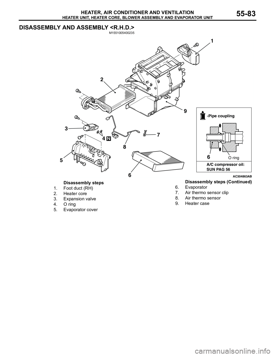 MITSUBISHI LANCER 2005 Repair Manual HEATER UNIT, HEATER CORE, BLOWER ASSEMBLY AND EVAPORATOR UNIT
HEATER, AIR CONDITIONER AND VENTILATION55-83
DISASSEMBLY AND ASSEMBLY <R.H.D.>M1551005400235
AC304863
1
2
3
4
5
N
6
7
8
9
AB
6O ring -Pipe MITSUBISHI LANCER 2005 Repair Manual HEATER UNIT, HEATER CORE, BLOWER ASSEMBLY AND EVAPORATOR UNIT
HEATER, AIR CONDITIONER AND VENTILATION55-83
DISASSEMBLY AND ASSEMBLY <R.H.D.>M1551005400235
AC304863
1
2
3
4
5
N
6
7
8
9
AB
6O ring -Pipe
