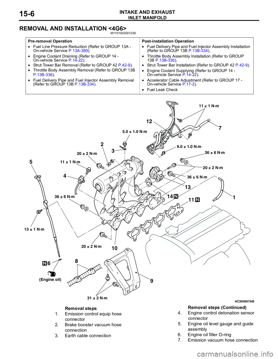 MITSUBISHI LANCER 2005 Workshop Manual INLET MANIFOLD
INTAKE AND EXHAUST15-6
REMOVAL AND INSTALLATION <4G6>M1151003001236
Pre-removal Operation
•Fuel Line Pressure Reduction (Refer to GROUP 13A -
On-vehicle Service P.13A-389).
•Engine MITSUBISHI LANCER 2005 Workshop Manual INLET MANIFOLD
INTAKE AND EXHAUST15-6
REMOVAL AND INSTALLATION <4G6>M1151003001236
Pre-removal Operation
•Fuel Line Pressure Reduction (Refer to GROUP 13A -
On-vehicle Service P.13A-389).
•Engine