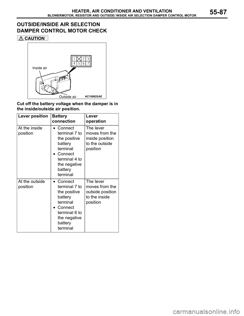 MITSUBISHI LANCER 2005 Workshop Manual BLOWERMOTOR, RESISTOR AND OUTSIDE/ INSIDE AIR SELECTION DAMPER CONTROL MOTOR
HEATER, AIR CONDITIONER AND VENTILATION55-87
OUTSIDE/INSIDE AIR SELECTION
DAMPER CONTROL MOTOR CHECK
CAUTION
Cut off the b MITSUBISHI LANCER 2005 Workshop Manual BLOWERMOTOR, RESISTOR AND OUTSIDE/ INSIDE AIR SELECTION DAMPER CONTROL MOTOR
HEATER, AIR CONDITIONER AND VENTILATION55-87
OUTSIDE/INSIDE AIR SELECTION
DAMPER CONTROL MOTOR CHECK
CAUTION
Cut off the b